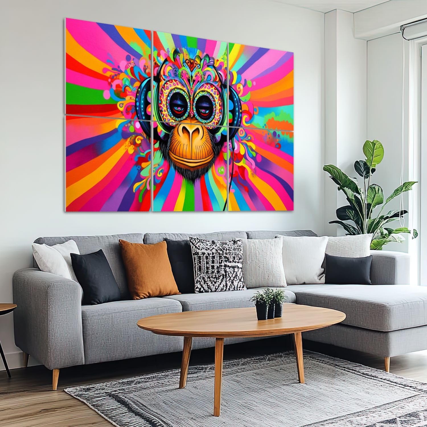 6 Pack Art Acoustic Panels Sound Absorbing Graffiti Monkey Headphones Street Pop Art Colorful Radiating Patterns Decorative Soundproof Wall Panels Self Adhesive for Recording Studios Office 72