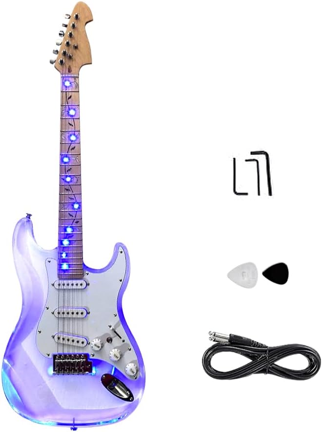 Yinfente 39Inch Electric Guitar Kit Transparent Acrylic Guitar,Full Size Solid Body for Beginners With Maple Neck Rosewood Fretboard& LED Light Blue,Strap,Tremolo Bra, Cable,Picks SSS