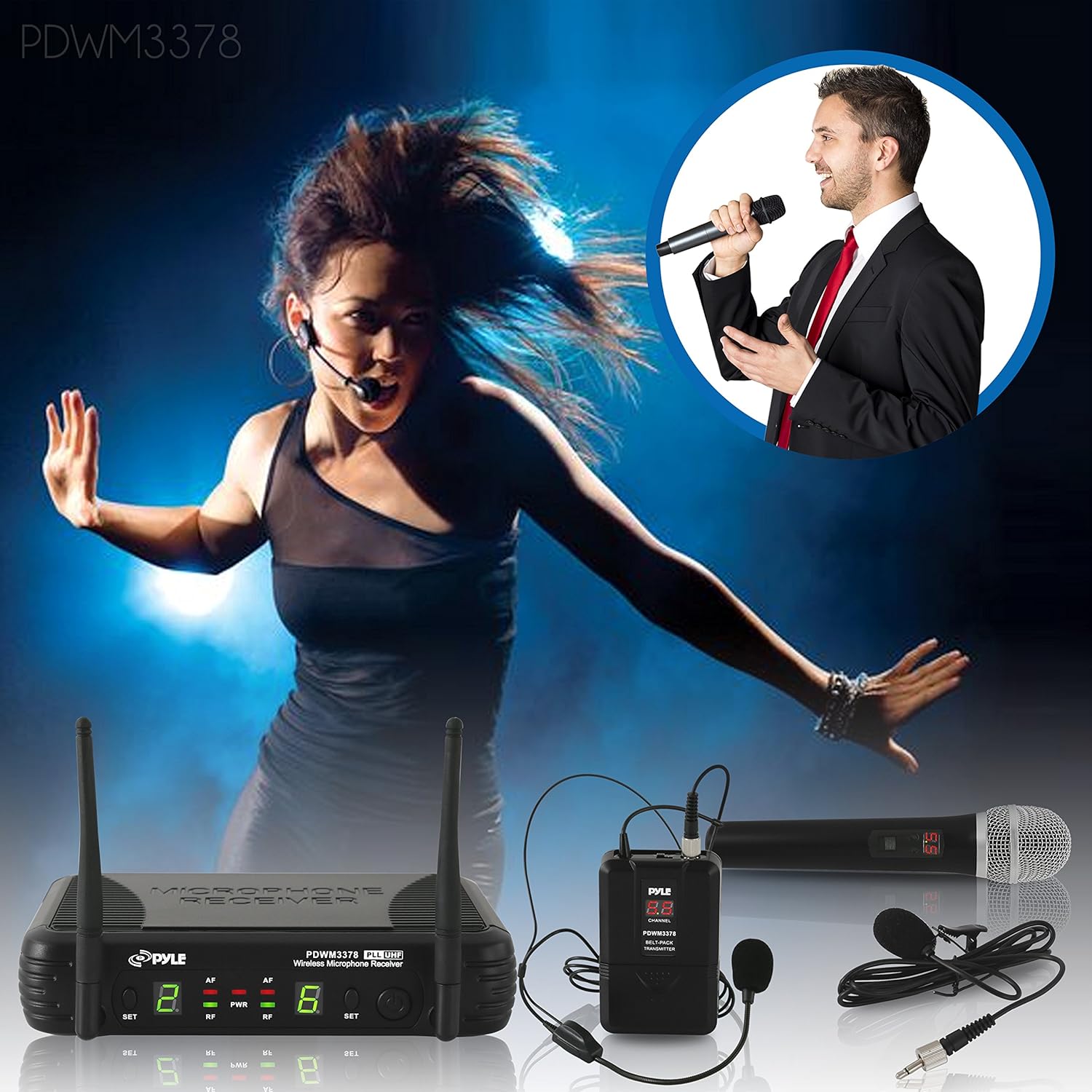 Pyle Dual Channel UHF Wireless Microphone System Handheld MIC, Headset, Belt Pack, Lavalier/Lapel MIC With 8 Selectable Frequency Independent Volume Controls AF & RF Signal Indicators