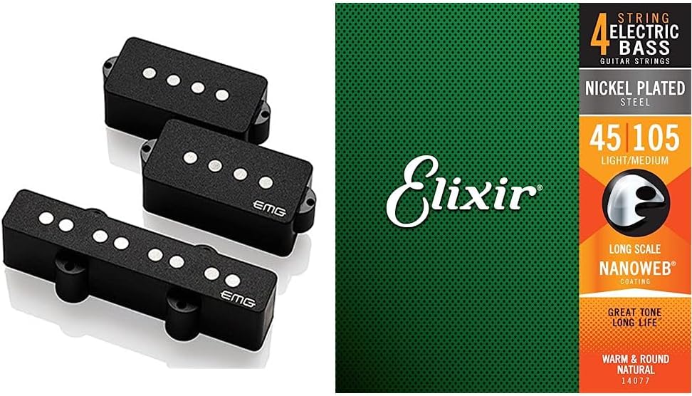 EMG Geezer Butler Signature PJ Bass Guitar Pickup Set & Elixir Strings Nickel Plated Steel 4-String Bass Strings w NANOWEB Coating, Long Scale, Light/Medium (.045-.105)