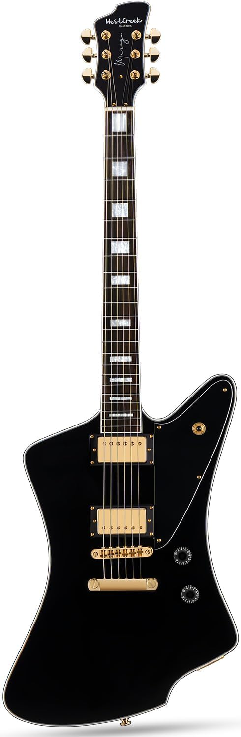WestCreek Mirage Solid Body Electric Guitar, Mahogany Body, Maple Neck, Rosewood Fretboard, Rounded End Frets, Bone Nut (Glossy Obsidian Black)