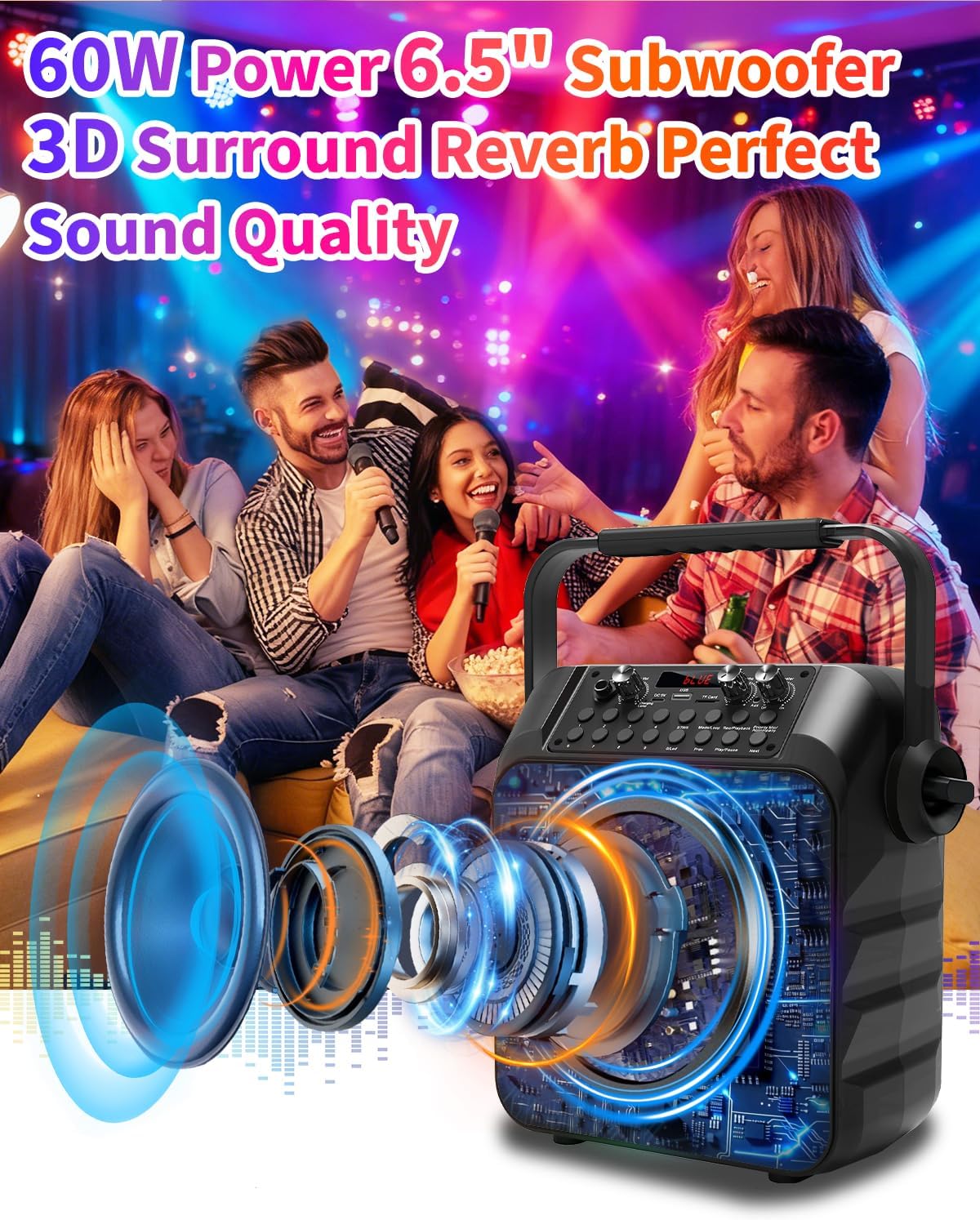 Karaoke Machine, Portable Karaoke System with 2 Wireless Rechargeable Microphones, 60W PA Speaker 6.5