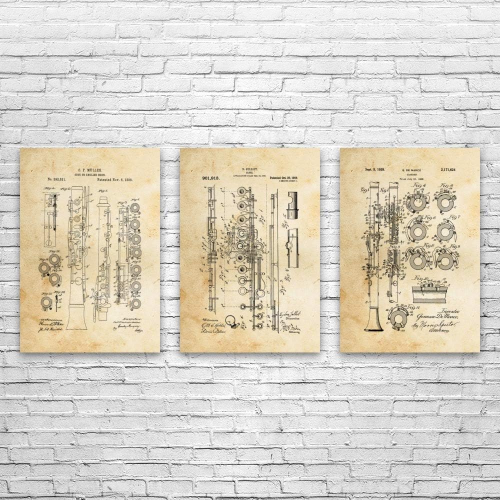 Patent Earth Wind Instruments Posters Set of 3 (20x30), Music Class Decor, Music Teacher Gift, Woodwind Art, Oboe Decor, Oboe Art Print Vintage Paper