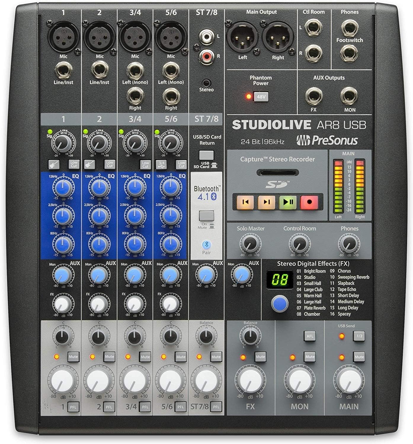 PreSonus StudioLive AR8 USB Mixer and Audio Interface with Effects and Pro DJ Headphone with Pair of EMB XLR Cable and Extra Bundle (SLAR8+TH02 (2)+M)