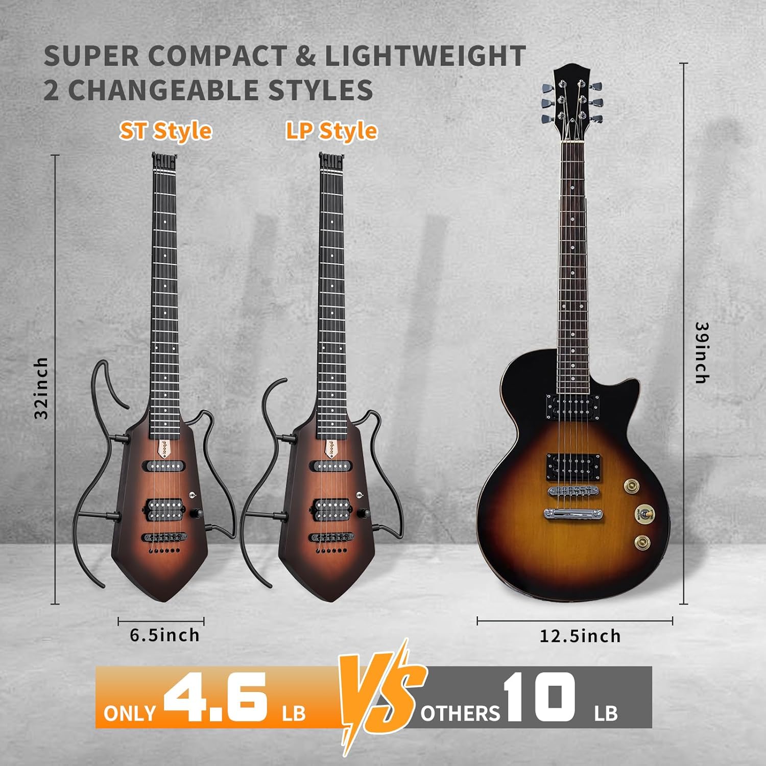 Mini Travel Electric Guitar, Small Lightweight Headless Guitar for Practice, Portable Compact Solid Body Easy Assemble Stands with Gig Bag, Sunburst