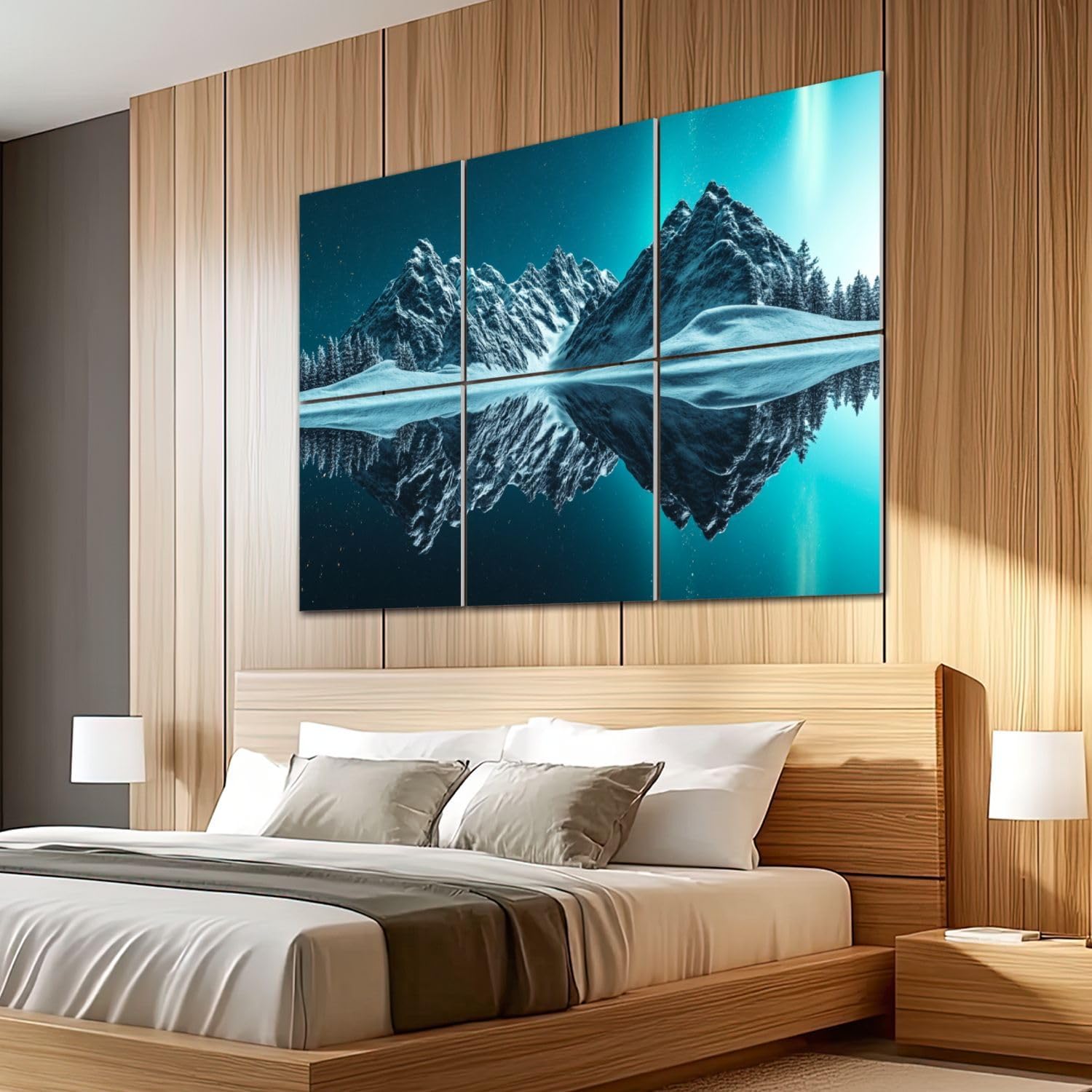 6 Pack Art Acoustic Panels Sound Absorbing Scenery Snowy Mountains Symmetrical Reflection Night Sky Pine Trees Decorative Soundproof Wall Panels Self Adhesive for Recording Studios Office 72