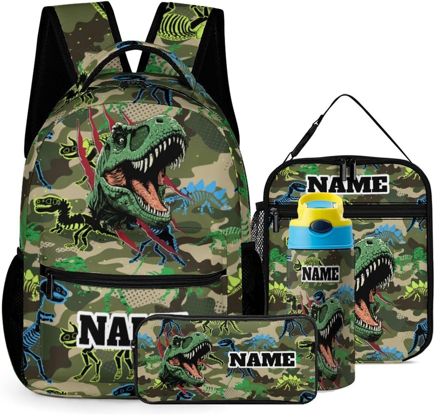 Custom Camouflage Dinosaur Skeleton Claw 4Pcs Backpack Set with Lunch Bag Pencil Case Water Bottle Personalized Name Text School Book Bags Customized Backpack Set for Girls Boys Kids