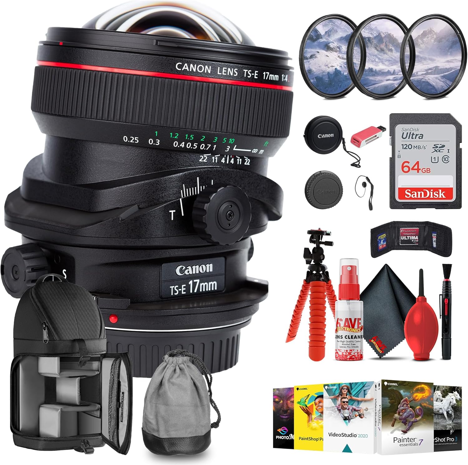 Canon TS-E 17mm f/4L Tilt-Shift Lens with 64GB Extreme Pro Card + Corel Photo Software + Flexible Tripod Card Wallet + Backpack + Cleaning Kit + Card Reader + Cap Keeper (Renewed)