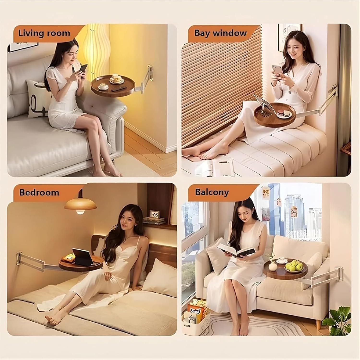 Wall Mounted Folding Round Table, Floating Small Round Table, Wall Mount Tray, with Retractable Shelf Wood Fold, Small Folding Desk(A)