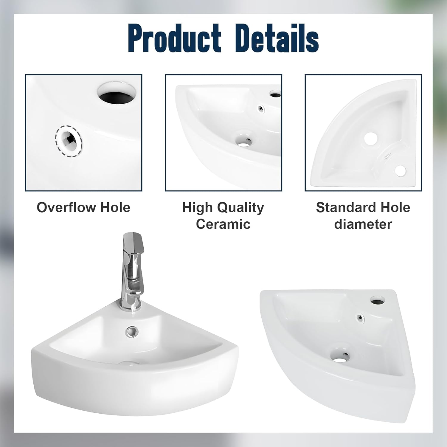 FAHKNS Corner Bathroom Sinks White Ceramic, 17