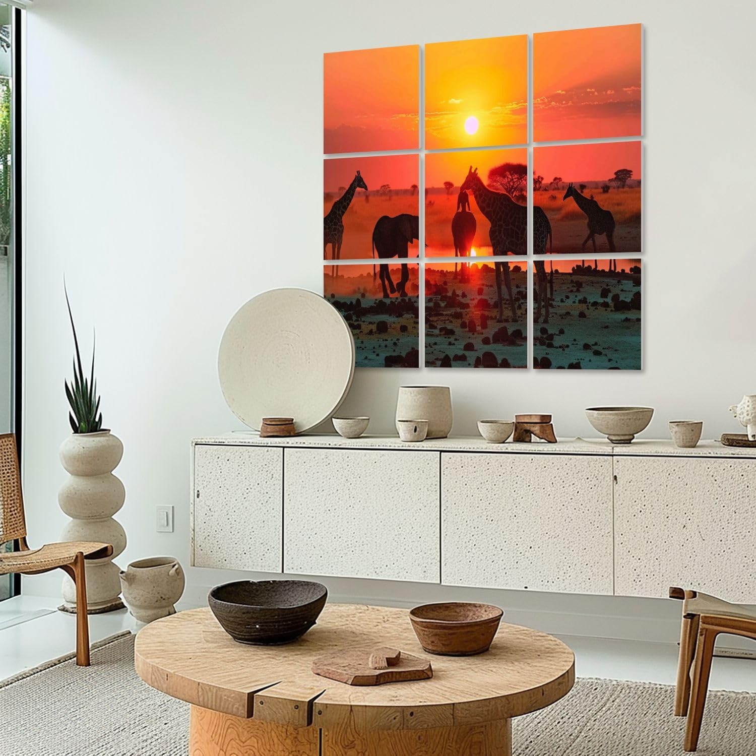 Art Acoustic Panels Self Adhesive Africa big5 elephants giraffes sunset sunrise sky 9 Packs Decorative Soundproof Wall Panels Large Sound Absorbing Panels for Home Office 60