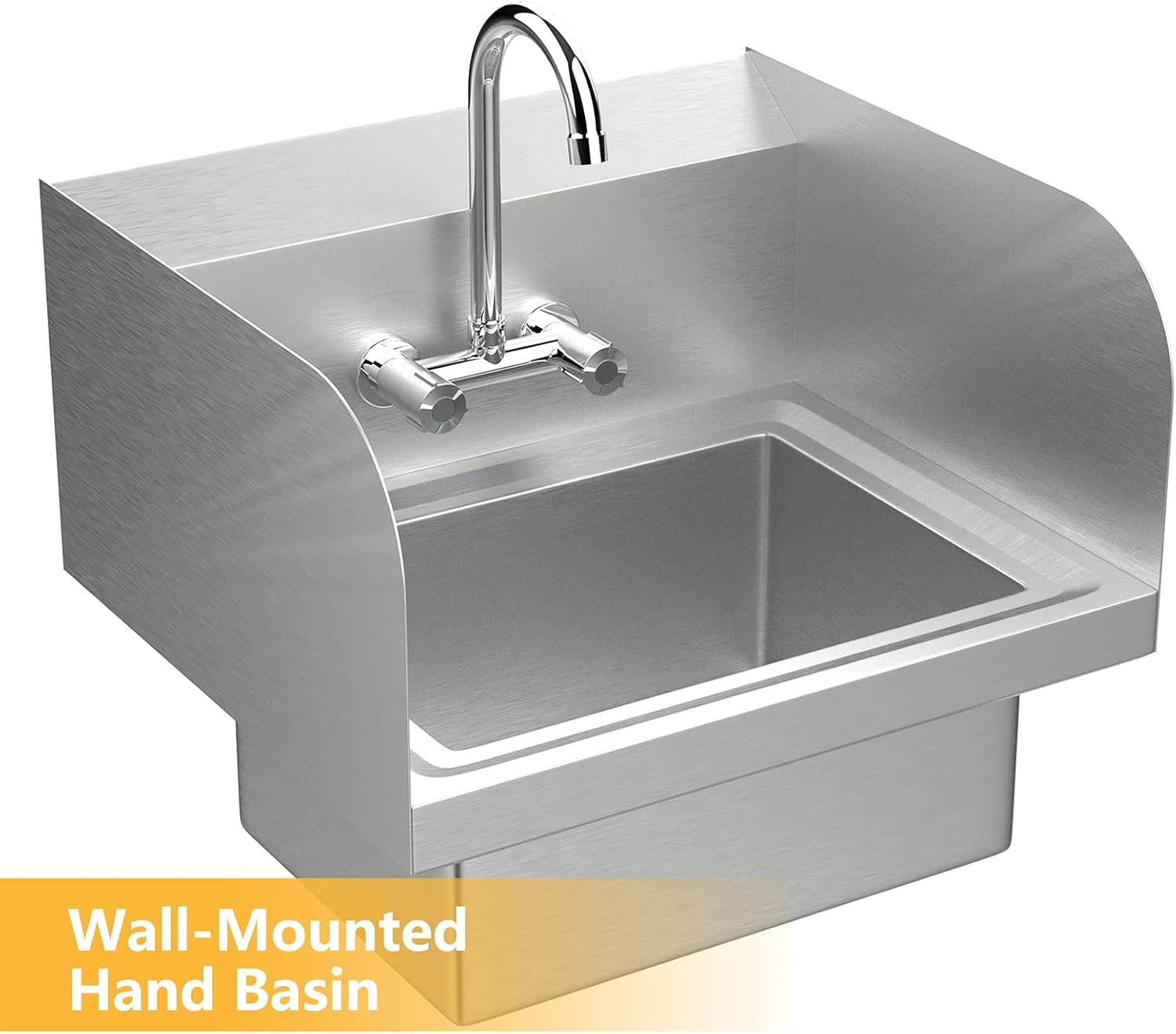 VINGLI Commercial Hand Wash Sink Stainless Steel Bar/Prep with Side Splash Guard, Wall Mount Utility Sink with Faucet, Heavy Duty Washing Basin for Restaurant, Home Kitchen 17W x 15D x 14H