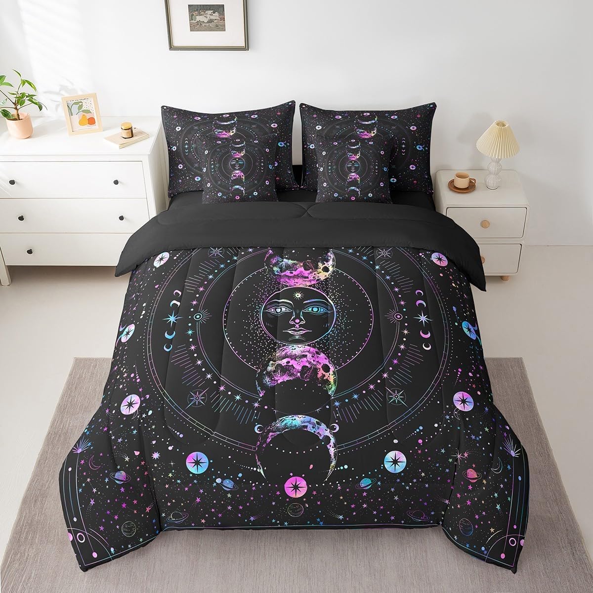 Manfei 7 Pieces Sun Moon Comforter Set Queen, Stars Space Psychedelic Bed Set for Kids Girls, Boho Sun Moon Black Bedding(1 Comforter,1 Fitted Sheet,2 Flat Sheet,2 Pillowcases,2 Throw Pillow Cover)