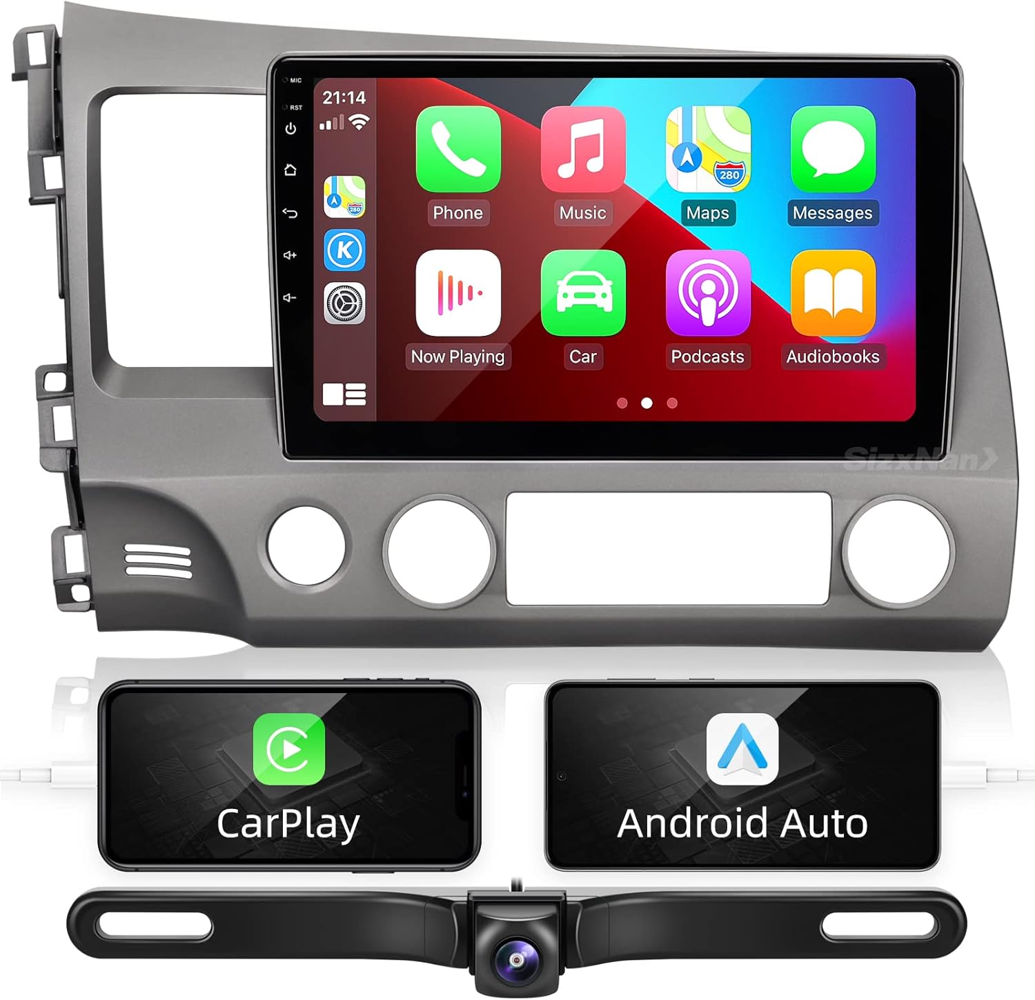 Android Touch Screen Compatible with Carplay Android Auto,Car Radio Stereo Bluetooth Navigation Multimedia Player GPS WiFi FM/AM Backup Camera forHonda Civic 2006 2007 2008 2009 2010 2011