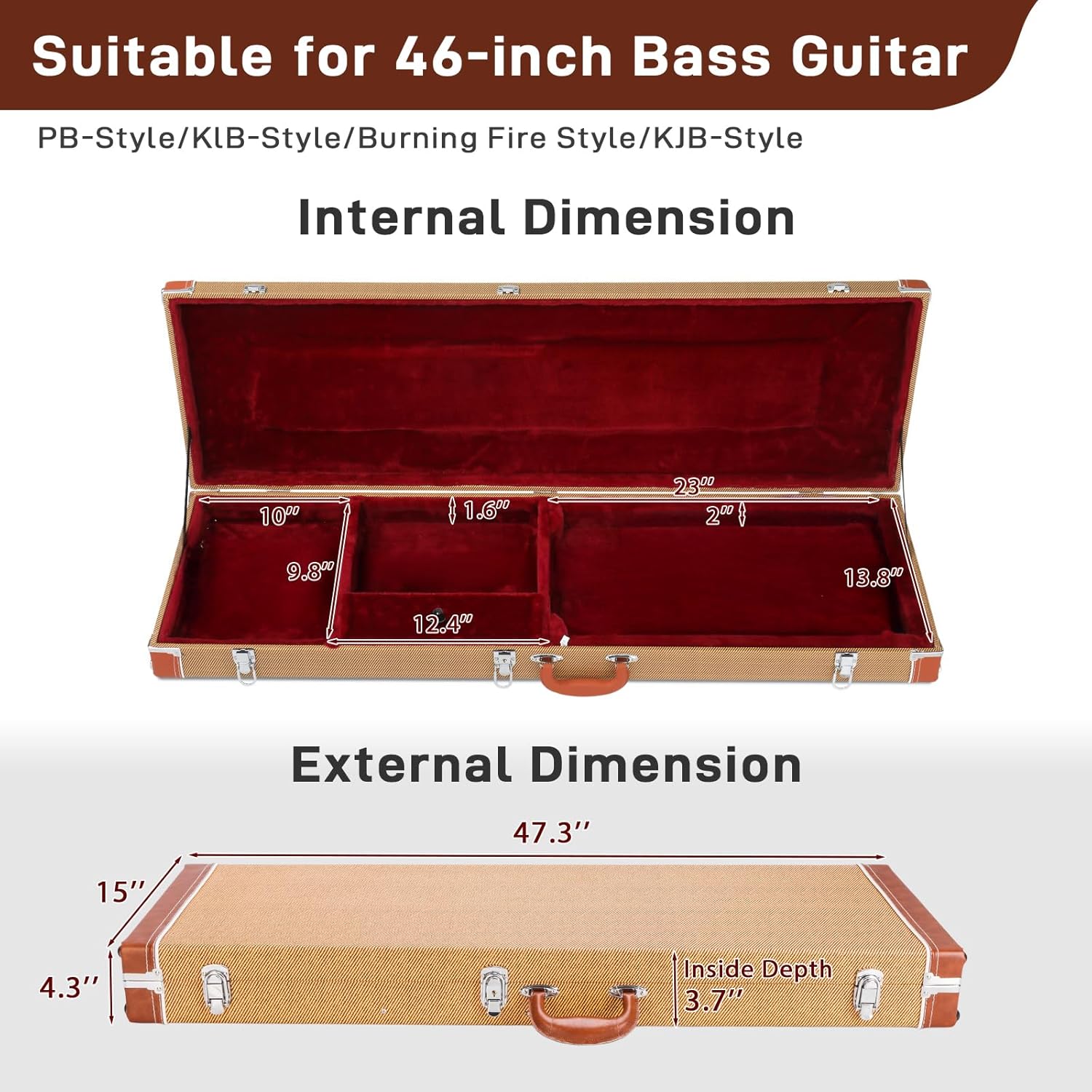 Ktaxon Electric Bass Guitar Hard Case, Wooden Hard-Shell Protective 46