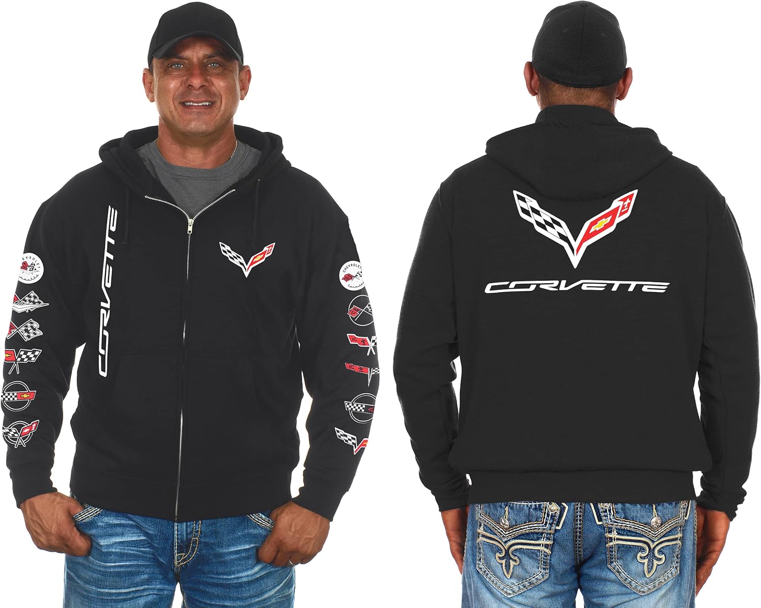 JH Design Men's Chevy Corvette C7 Black Zip Up Hoodie Sweatshirt Sm to 3x