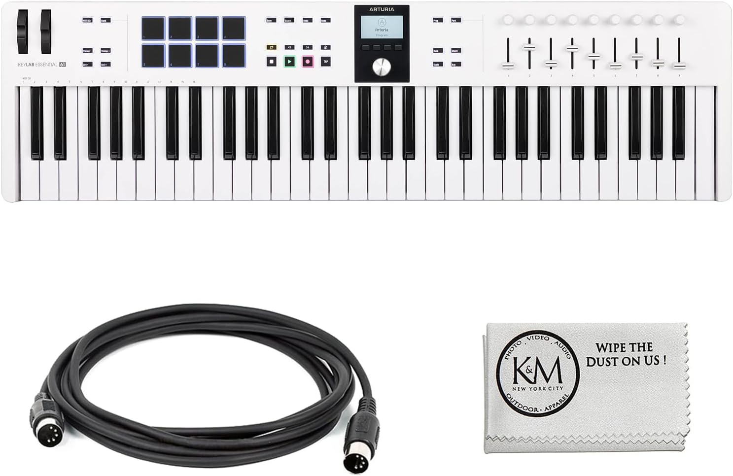 Arturia KeyLab Essential mk3 61-Key Universal MIDI Controller and Software | White with 6ft MIDI Cable & Cleaning Cloth (3 Items)
