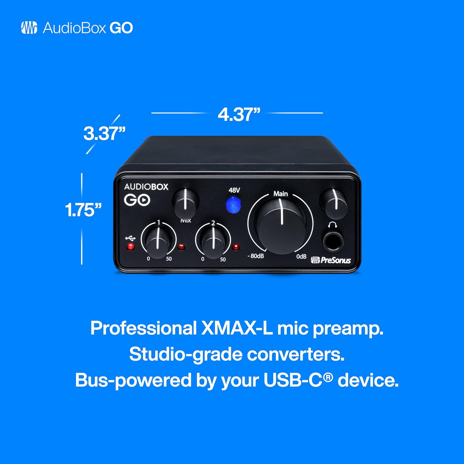 PreSonus AudioBox GO | USB-C Audio Interface for music production with Studio One DAW Recording Software, Music Tutorials, Sound Samples and Virtual Instruments