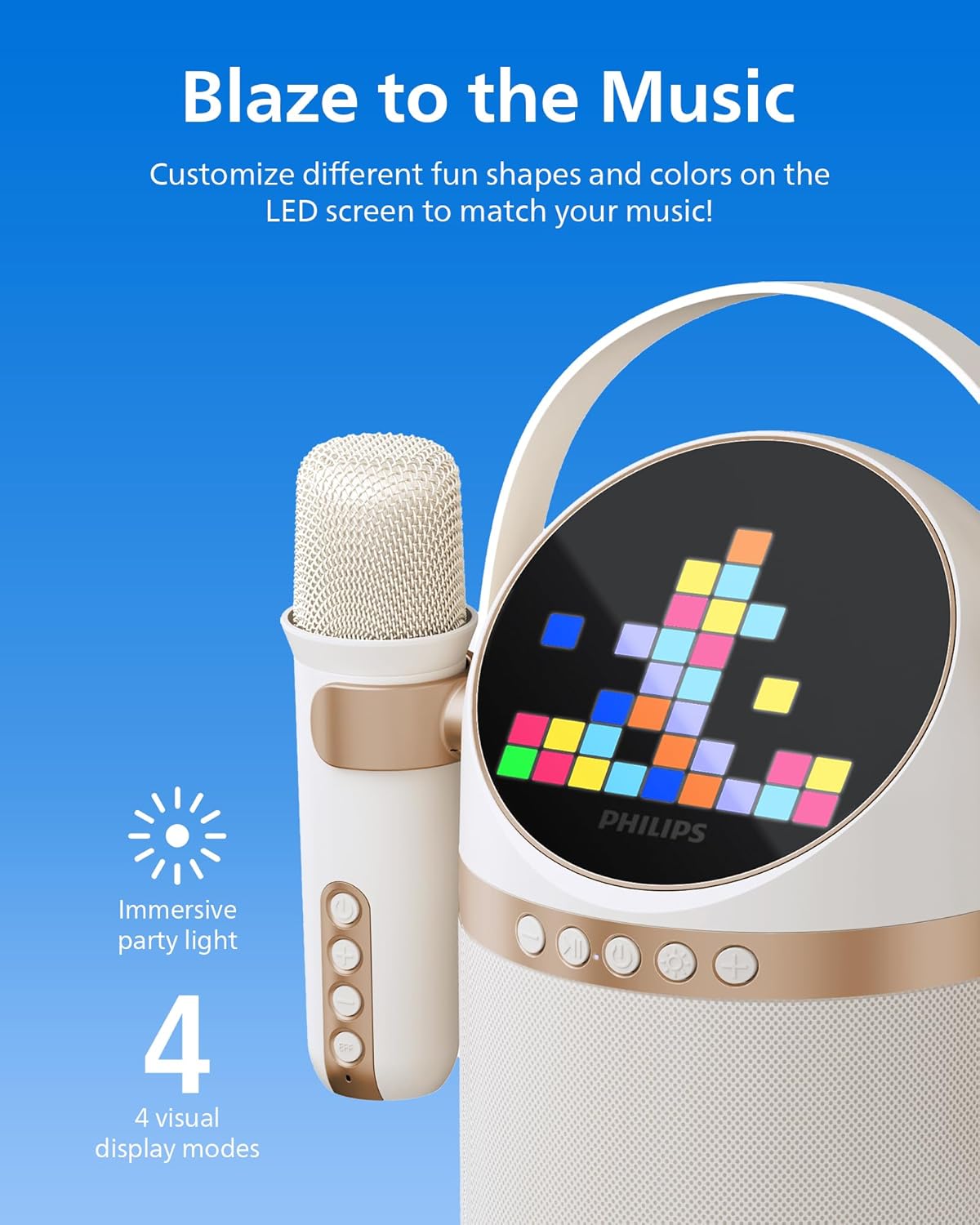 PHILIPS S2508 Portable Karaoke Machine,Party Bluetooth Speaker with 2 Karaoke Microphones,7 H Battery,Multi-Colored Light Modes with Display Screen,6 Vocal Effects,USB,AUX or TF Card Input,Mini,White