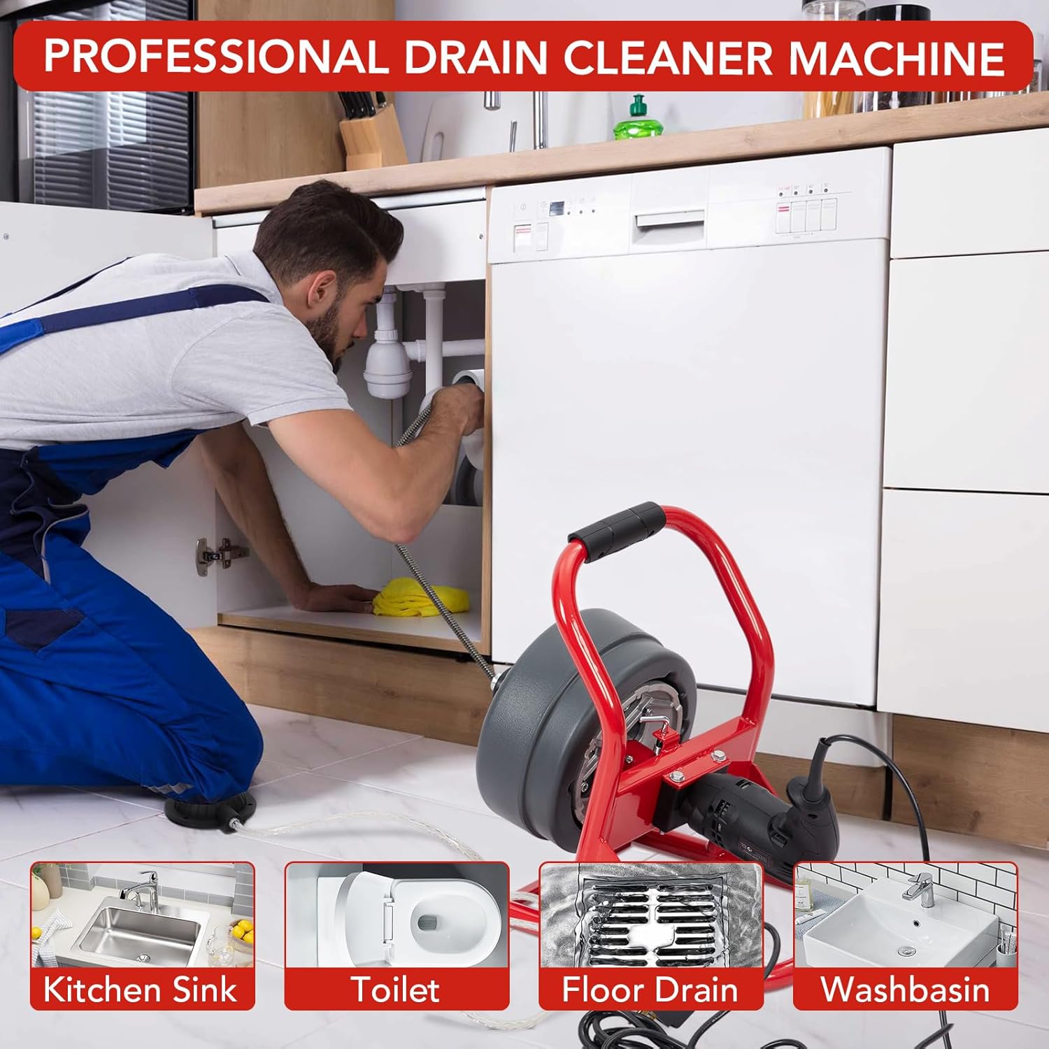 PIONEERWORKS 50Ft x 5/16 Inch Drain Cleaner Machine, Professional Electric Drain Auger for 3/4-3 Inch Pipes, Foot Switch with 6 Cutters, Gloves, Drain Auger Cleaner Sewer Snake - DA04