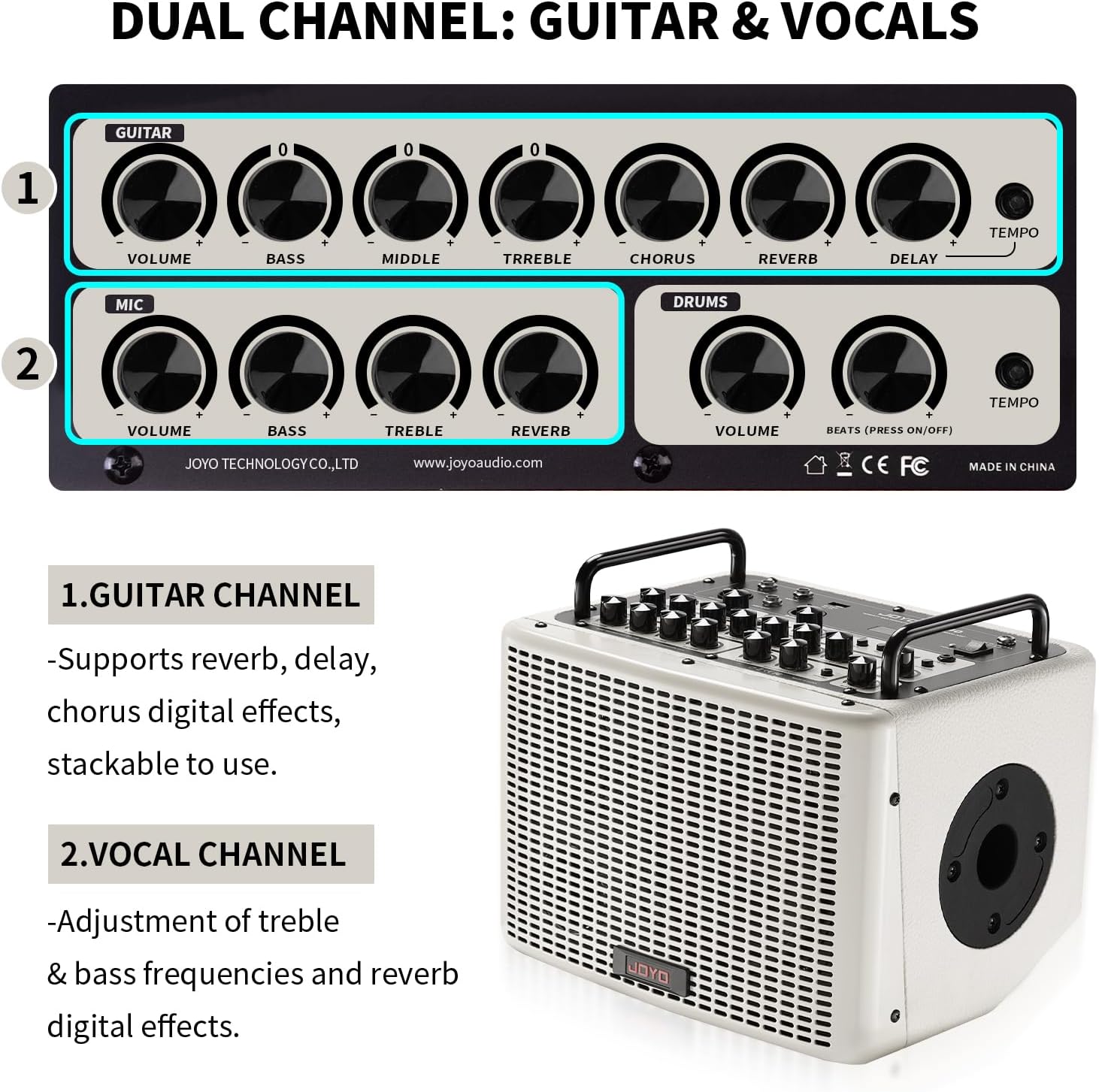JOYO Guitar Amp 40W Multifunctional Bluetooth Combo Amplifier Reverb Chorus Delay Drum Patterns Vocal Channel for Acoustic Electric Guitar Keyboard Outdoor Gigs & Practice (BSK-40 White)