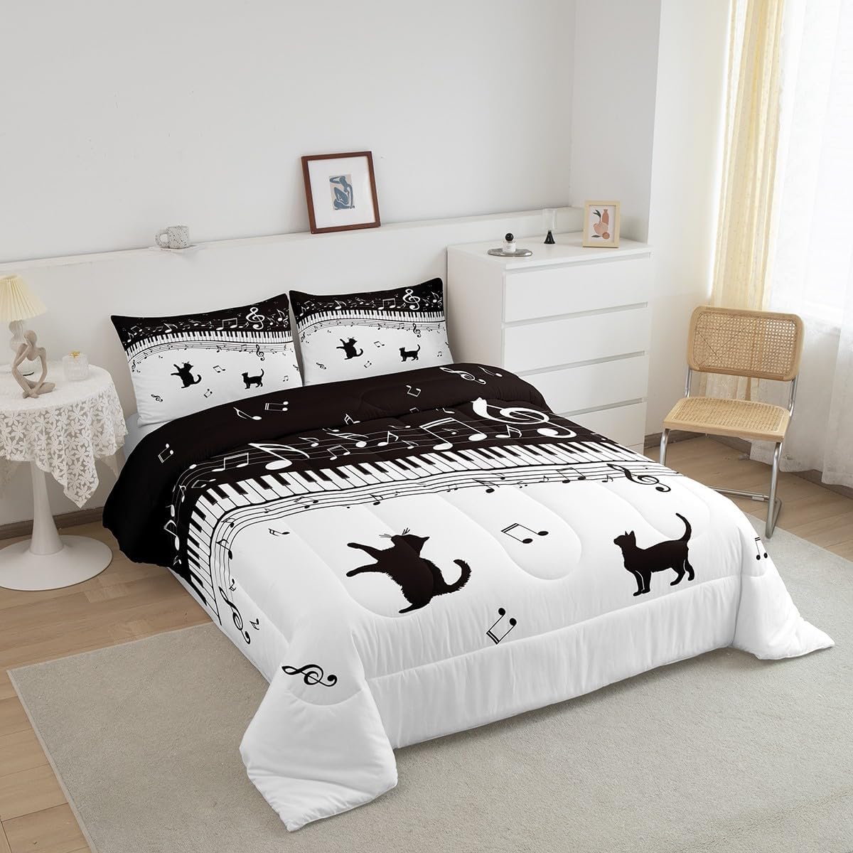 Piano Comforter Set King Size Black Musical Notes Bedding Set 3pcs for Kids Teens Girls Music Lover Room Decor Cat Pet Silhouette Quilt Set White Microfiber Duvet Insert,2 Pillowcases