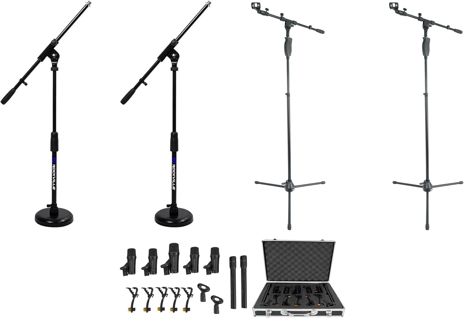 Rockville PRO-D7 Kit Bundle: 7-Piece Drum Microphone Set with Bass, Snare, and Overhead Condenser Mics, (2) RVMIC3 V2 Tripod Boom Stands, (2) Kick Drum Amp Mic Stands with Round Base, 5-Items
