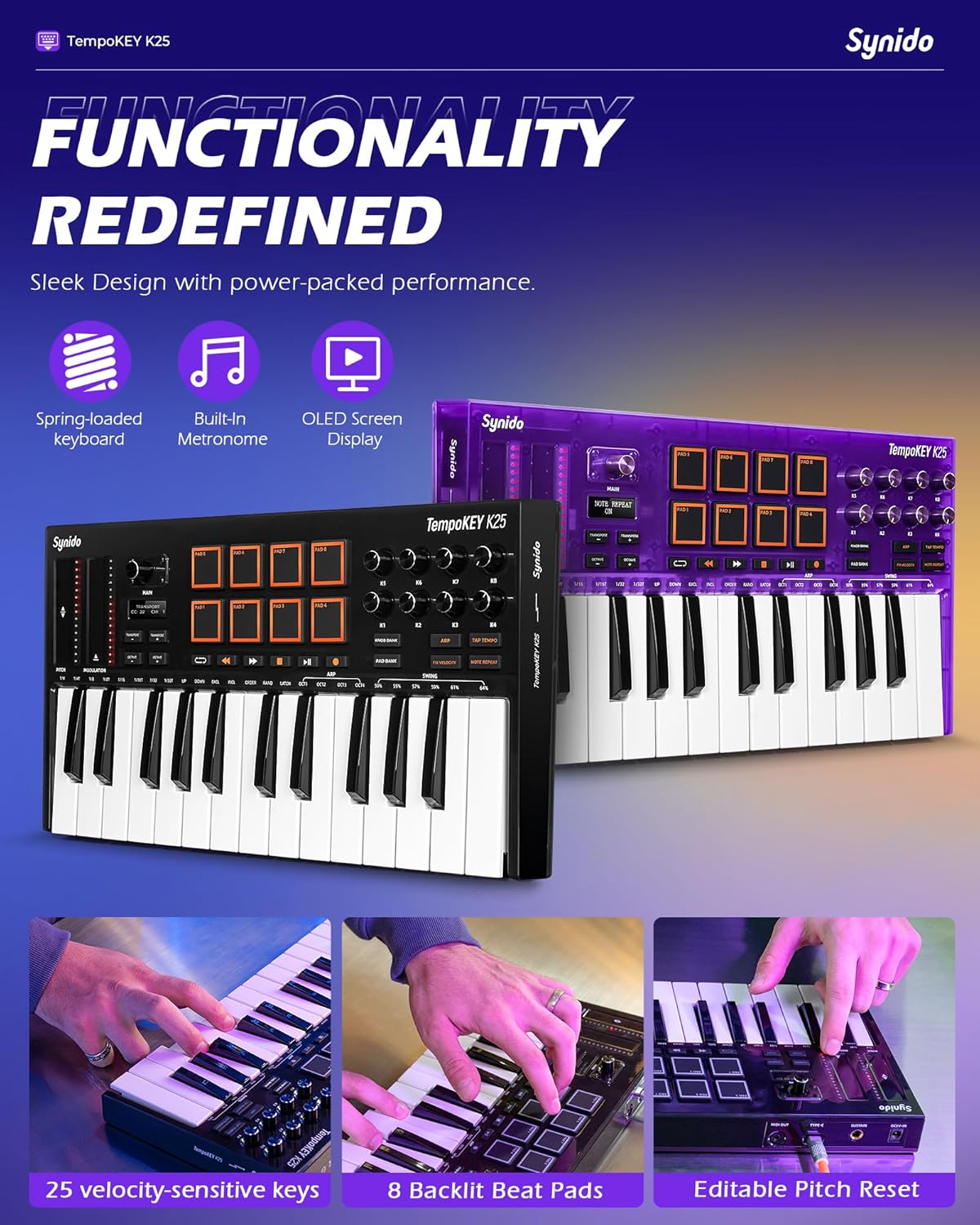 Synido TempoKEY K25 USB C MIDI Keyboard Controller Mini 25 Key with 8 Drum Pads and Synido Audio Interface for Recording Music with Instrument Gain Control