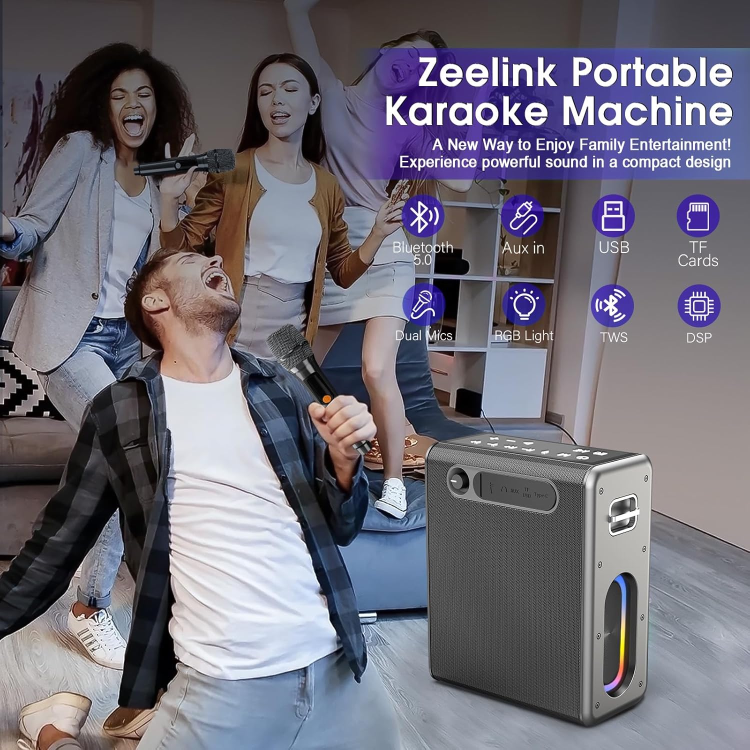 Karaoke Machine with Two Wireless Microphones, Powerful Portable Bluetooth Speaker for Adults & Kids, PA System with 2 Voice Mode, LED Lights, Supports BT/TWS/AUX/USB/TF for Party