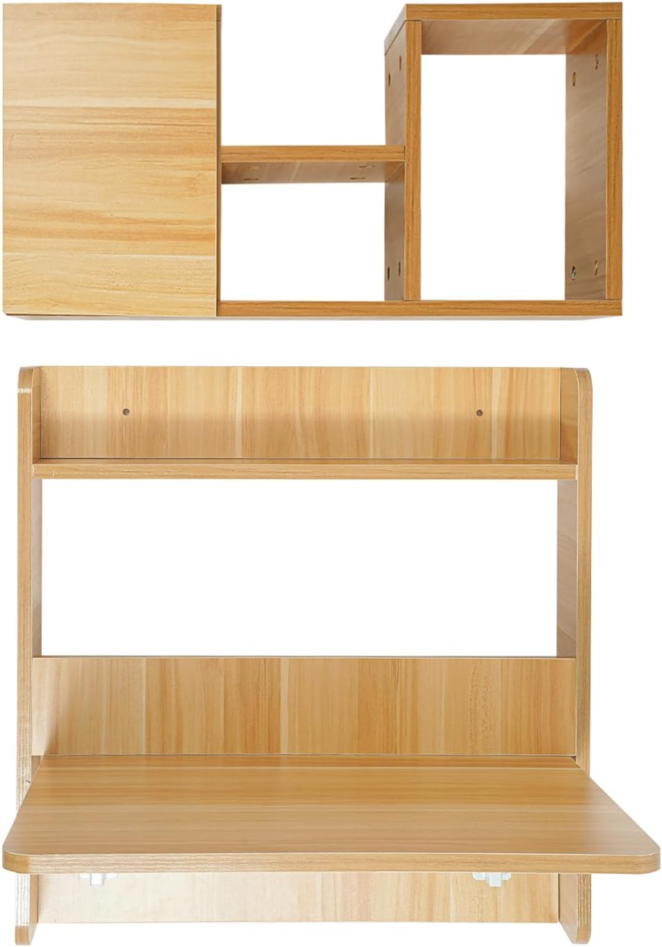 Wall Mounted Desk & Bookshelf, Folding Space Saving Wall Mounted Table with Storage Compart Space, Fold Down Laptop Desk for Home Office (Light Walnut Color)