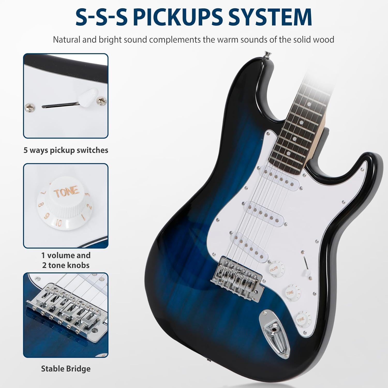 39 Inch Full Size Electric Guitar Beginner Starter Kit with 10W Amplifier, Bag, Strap, Strings, Tuner, Cable, Picks, Blue