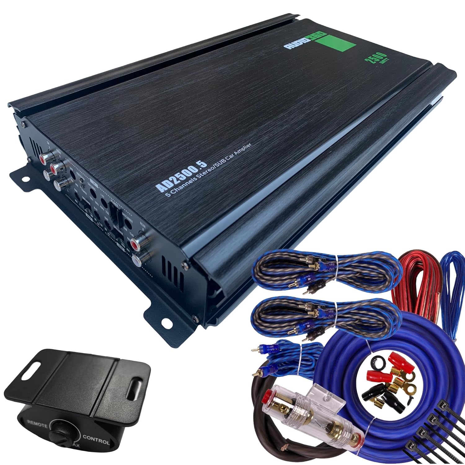 Audio360 AD2500.5 5-Channel Car Amplifier Bundle, 2500W Max Power, Includes 5-Channel 4-Gauge Amp Wiring Kit, Compact Class AB+D Bridgeable Amp with Triple 30A Fuses, 90dB SNR