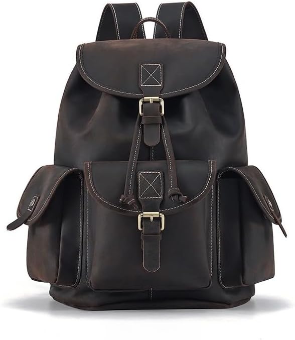 Genuine Leather Backpack Vintage Crazy Horse Travel Laptop Bag 15.6 Inch Rucksack Large Capacity Daypack Gift Box (Coffee)