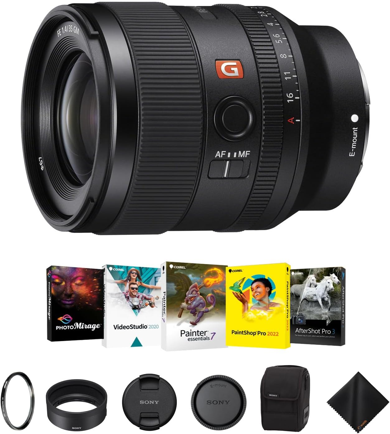 Sony FE 35mm f/1.4 GMaster Lens for E-Mount - Classic Wide-Angle Lens with Tiffen 67mm UV Protector Filter, Corel Software Kit & Cleaning Cloth - Essential Bundle