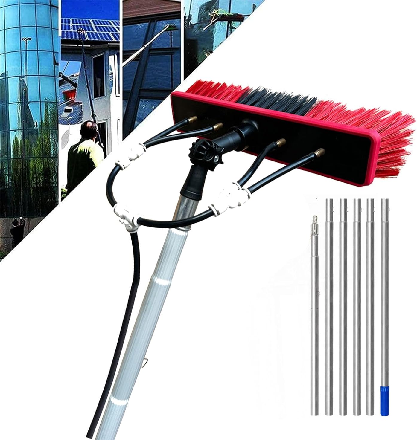 Telescopic Window Cleaner Kit - 9M Extendable Pole with Water Fed Brush for Efficient Solar Panel & Window Cleaning - Durable & Lightweight 55cm Brush Head