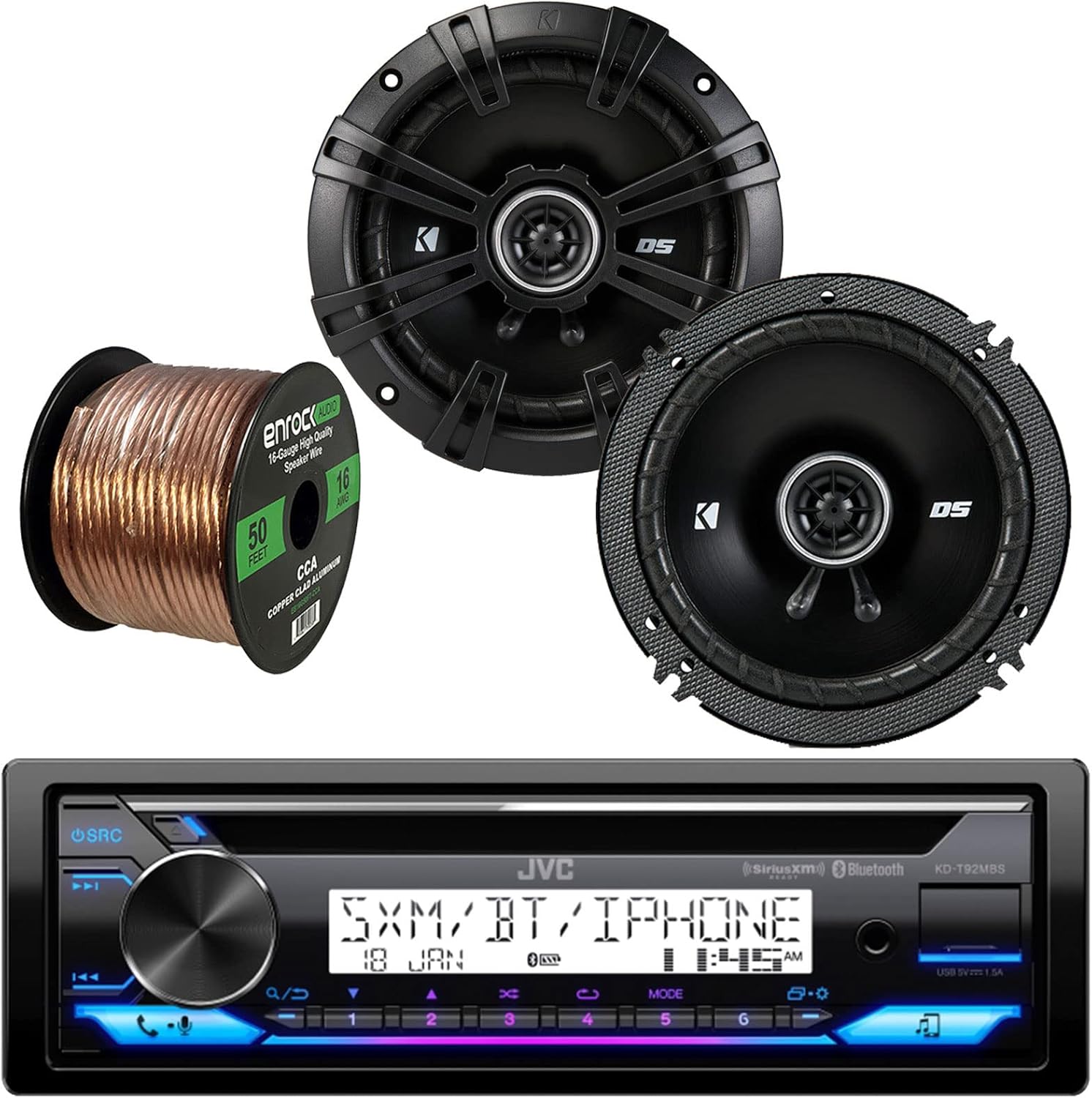 JVC Single DIN Marine Boat Yacht Radio Stereo USB AUX CD Player Receiver Bundle Combo with 2X Kicker 6.5