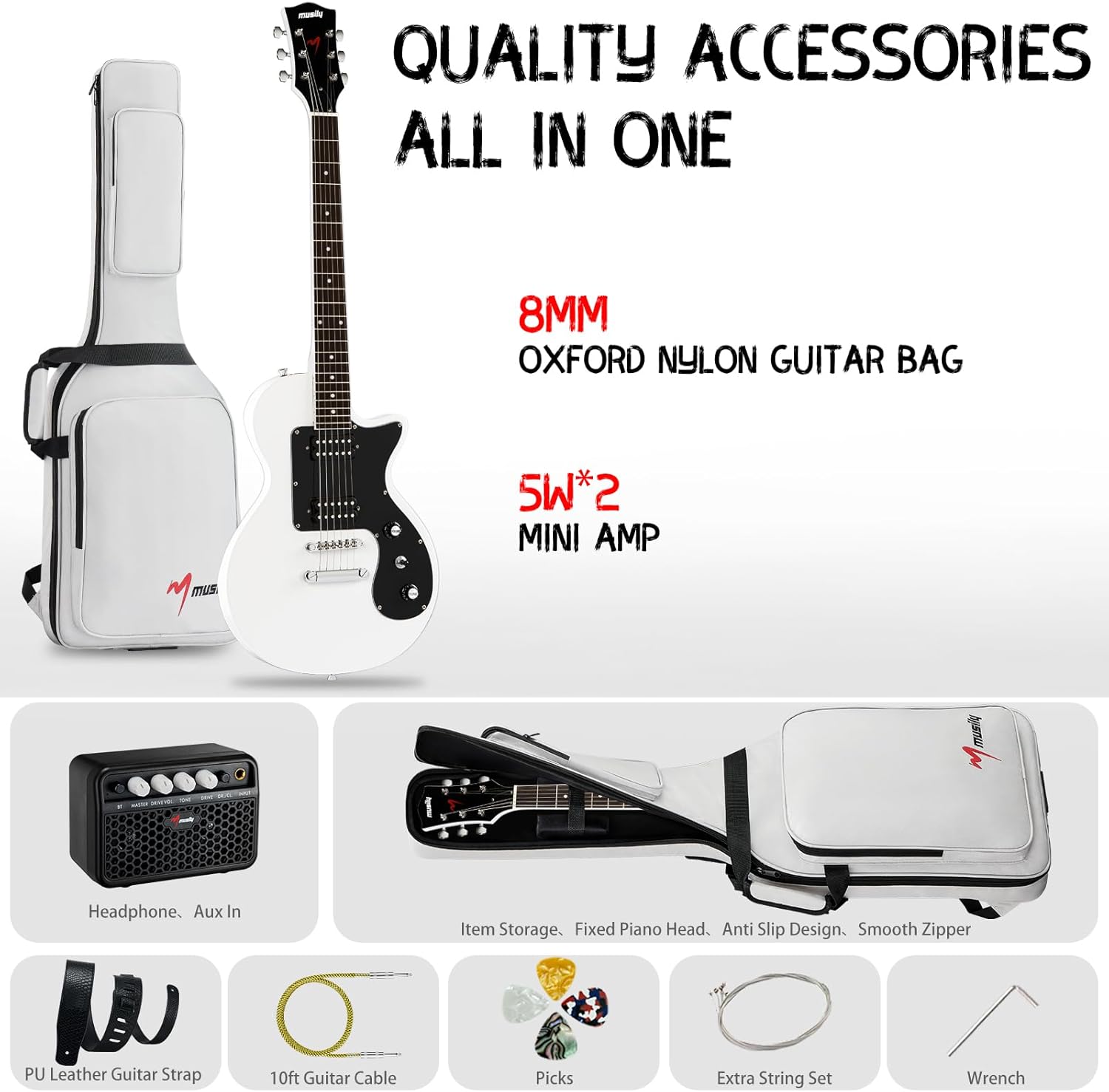 39 Inch Electric Guitar Kit, Beginner Full Size Solid Body Electric Guitar With HH Pickups, Gig Bag, Amplifier, Strap, Cable, Picks, String (White)