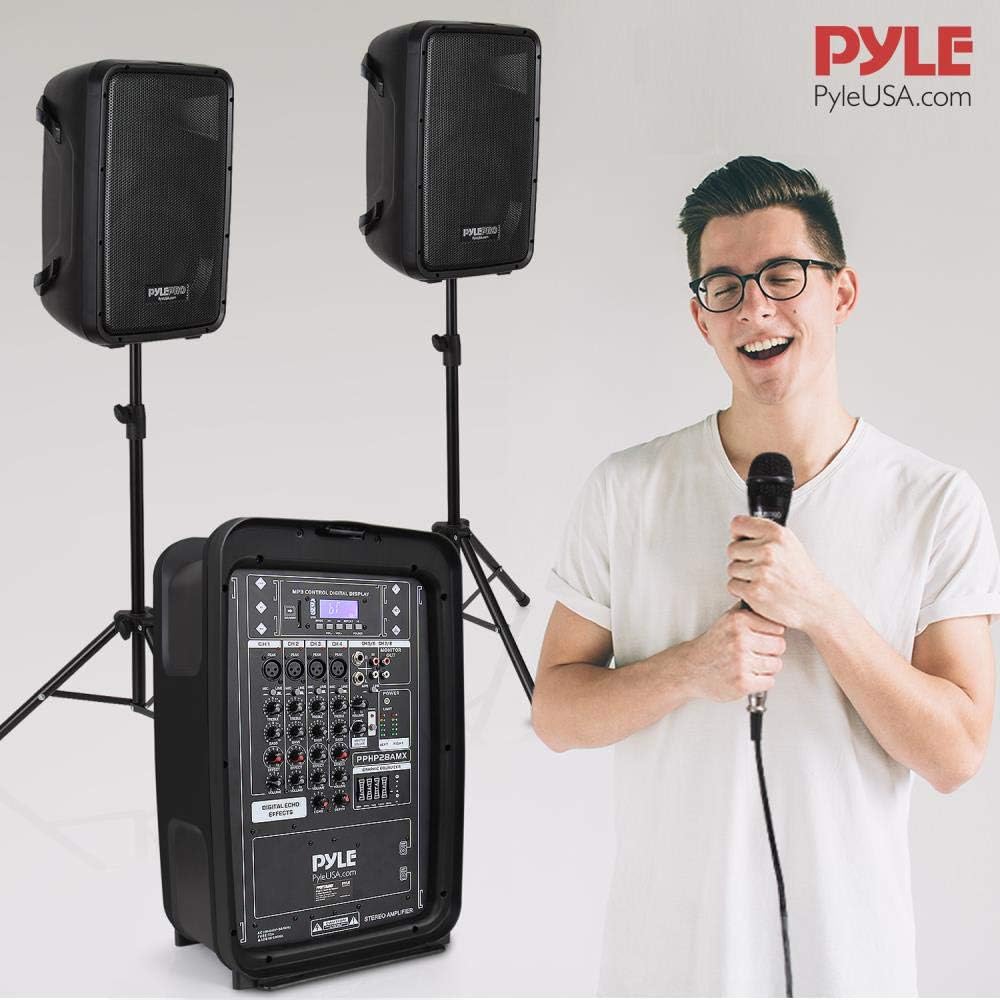 Pyle PA Speaker DJ Mixer Bundle - 300 W Portable Wireless Bluetooth Sound System w/ USB SD XLR 1/4
