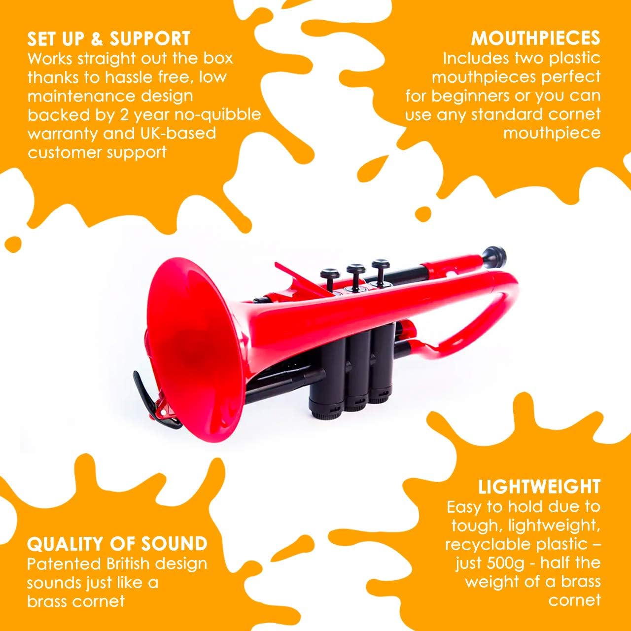 PINSTRUMENTS pCornet Plastic Cornet - Mouthpieces and Carrying Bag - Lightweight, Versatile, Comfortable Ergonomic Grip - Bb Authentic Sound for Student & Beginner - Durable ABS Construction - Red