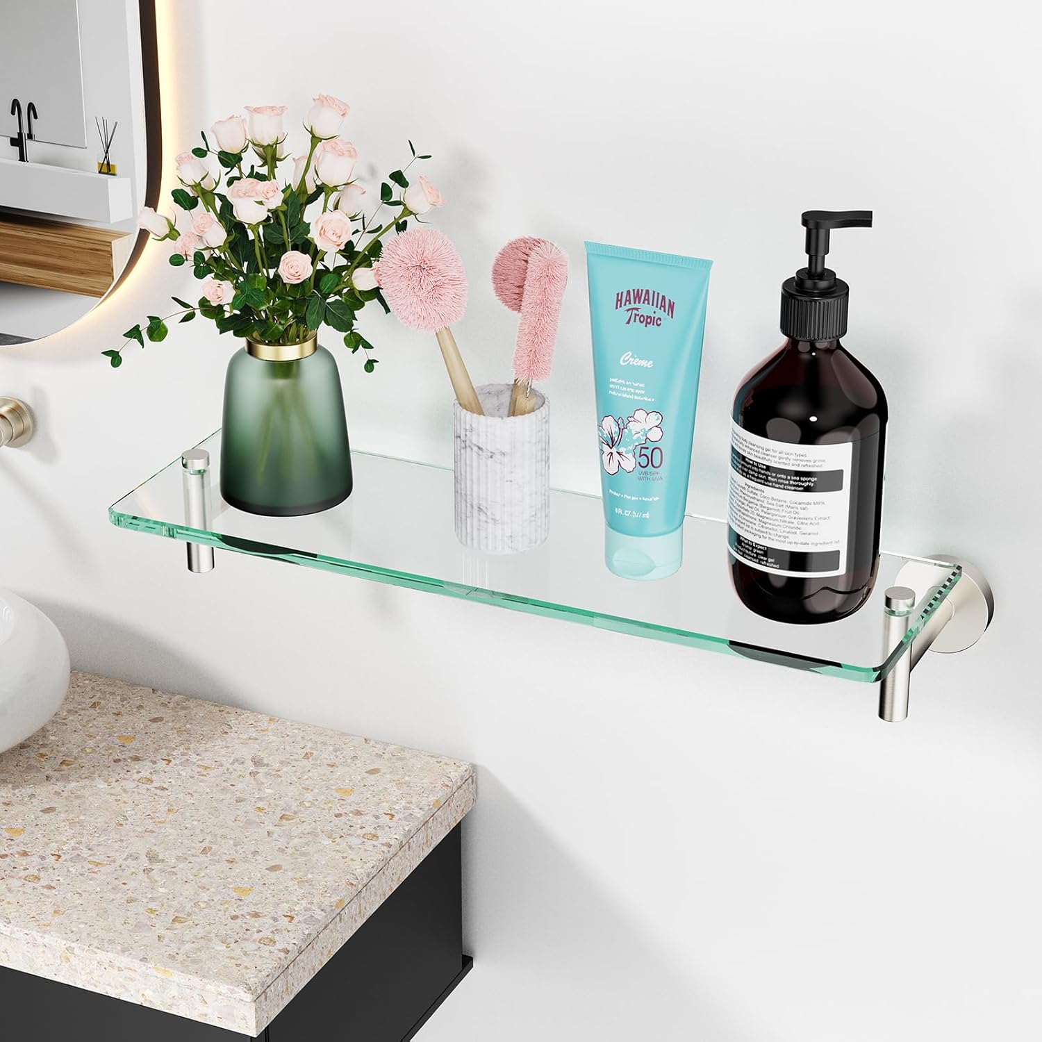 Glass Shelf for Bathroom 2 Pack,16-Inches Floating Glass Shelves Towel Bar/Track(Brushed Nickel)