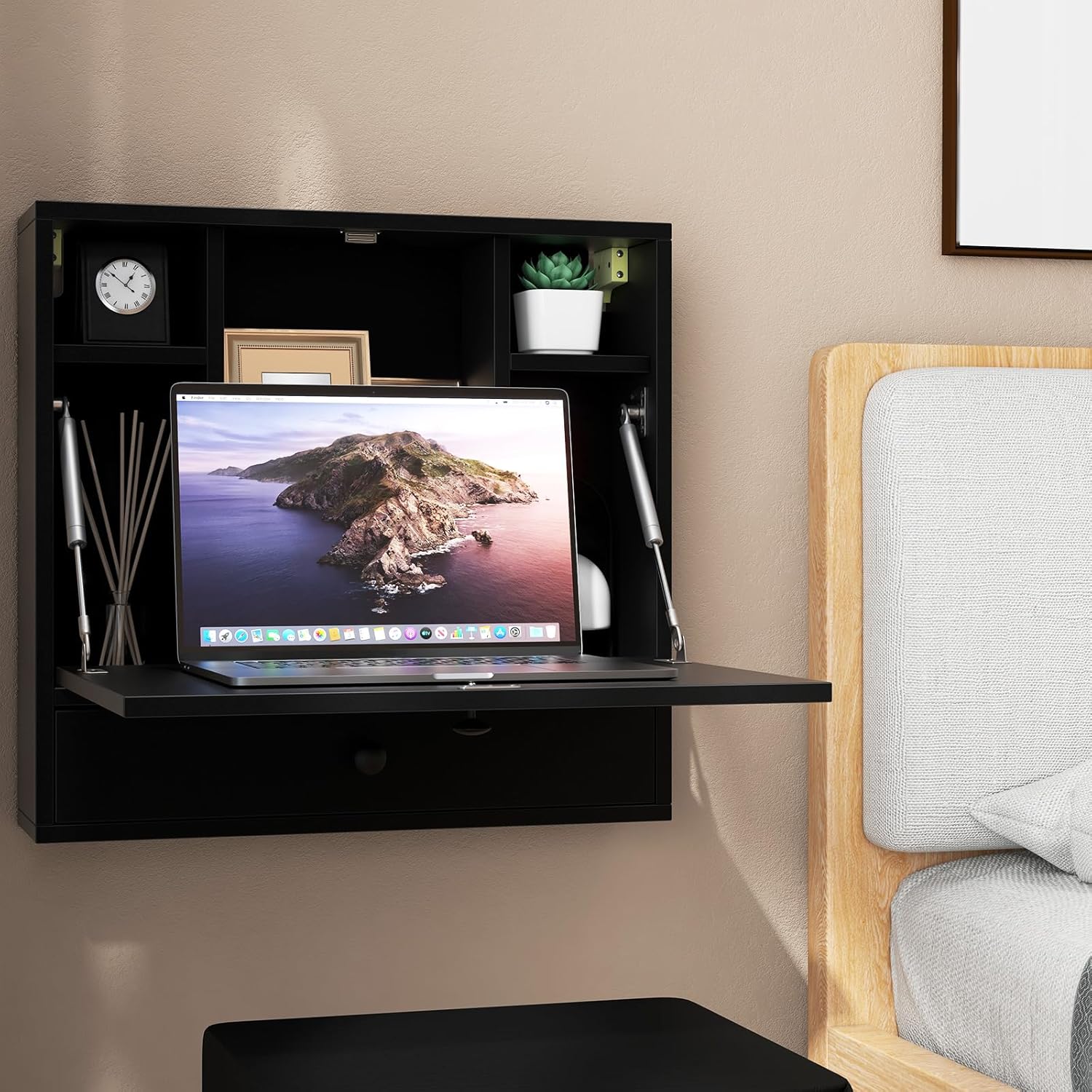 Folding Wall Desk, Wood Wall Mounted Desk with Storage Drawer and Shelves, Fold Down Wall Mount Laptop Desk, Corner Floating Desk for Small Spaces (Black)