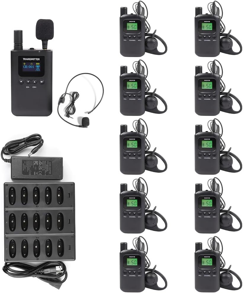 AGJ Wireless Tour Guide System, Tour Guide Headsets, Tour Guide Microphone 1 Transmitter 10 Receivers 1 Charger Simultaneous Court Church Translation Interpretation System for Training Group Tour