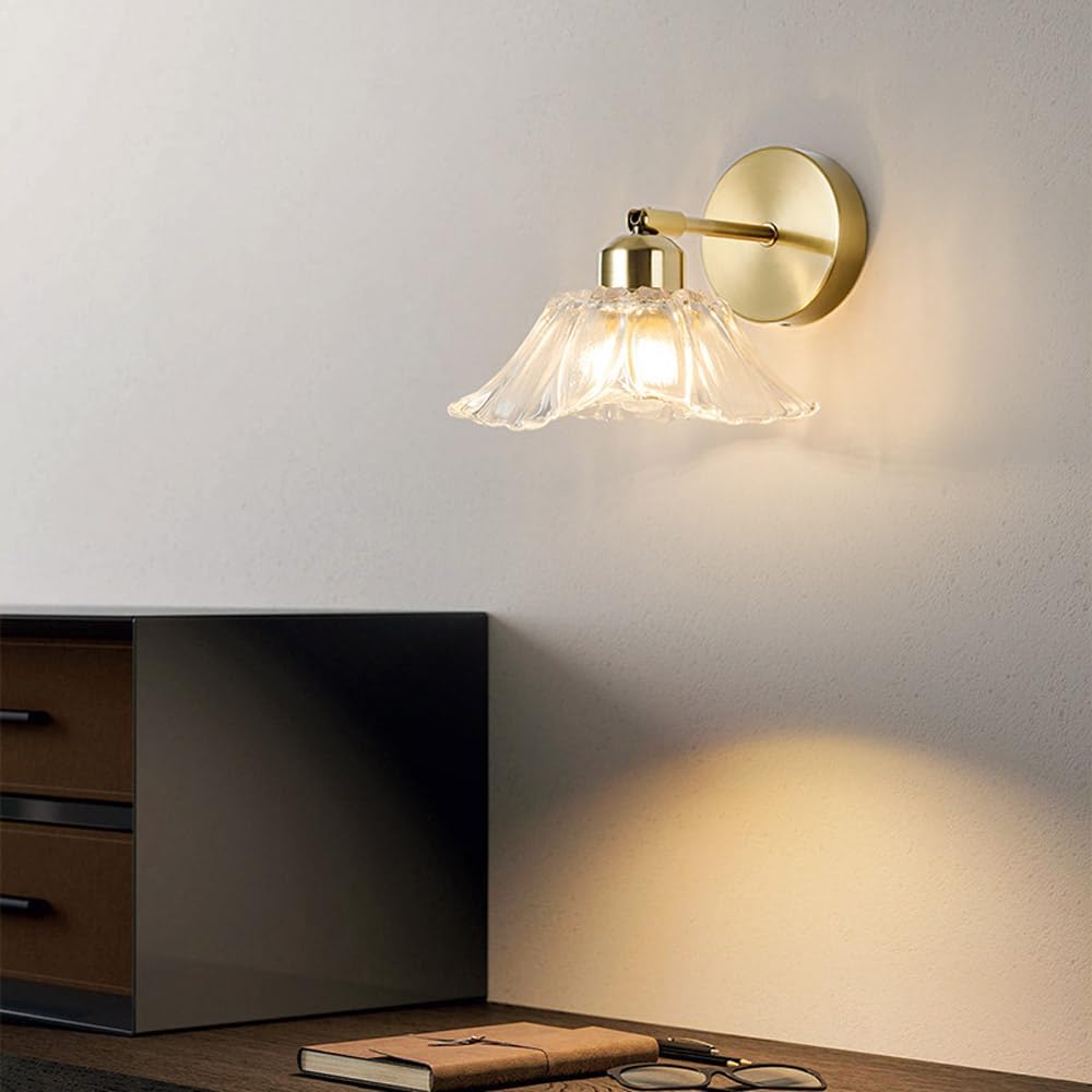 Vintage Wall Sconce Lighting, Indoor Wall Mount Lamp with Clear Glass Shade, 240° Adjustable Gold Wall Light Fixture Bedroom Decor Lamp for Bedside Living Room Corridor Stairs Dining Room