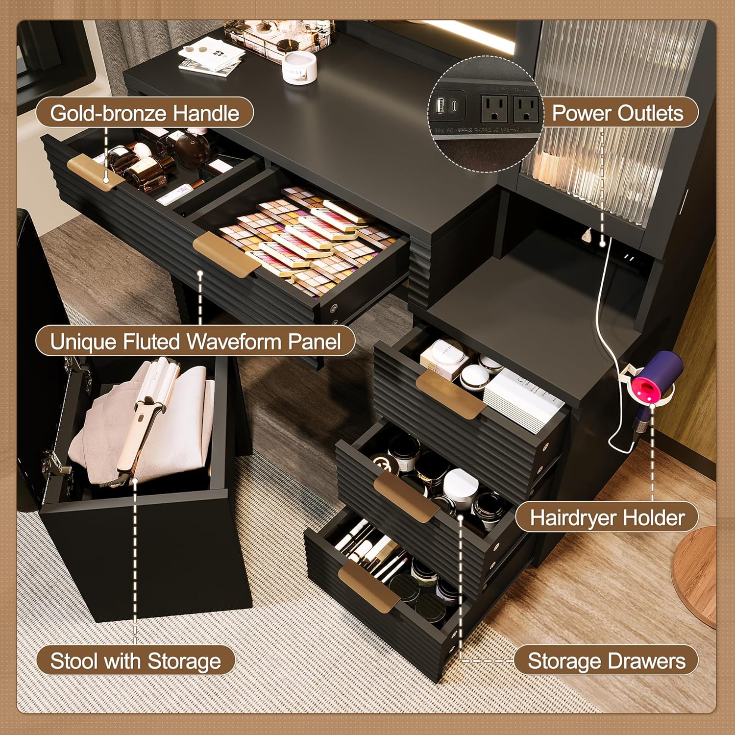 Merax Elegant Vanity Desk with Mirror and Lights, Fluted Makeup Vanity Table & Charging Station, Storage Drawers and Glass Door Cabinet, Black Dressing Table with Stool for Bedroom