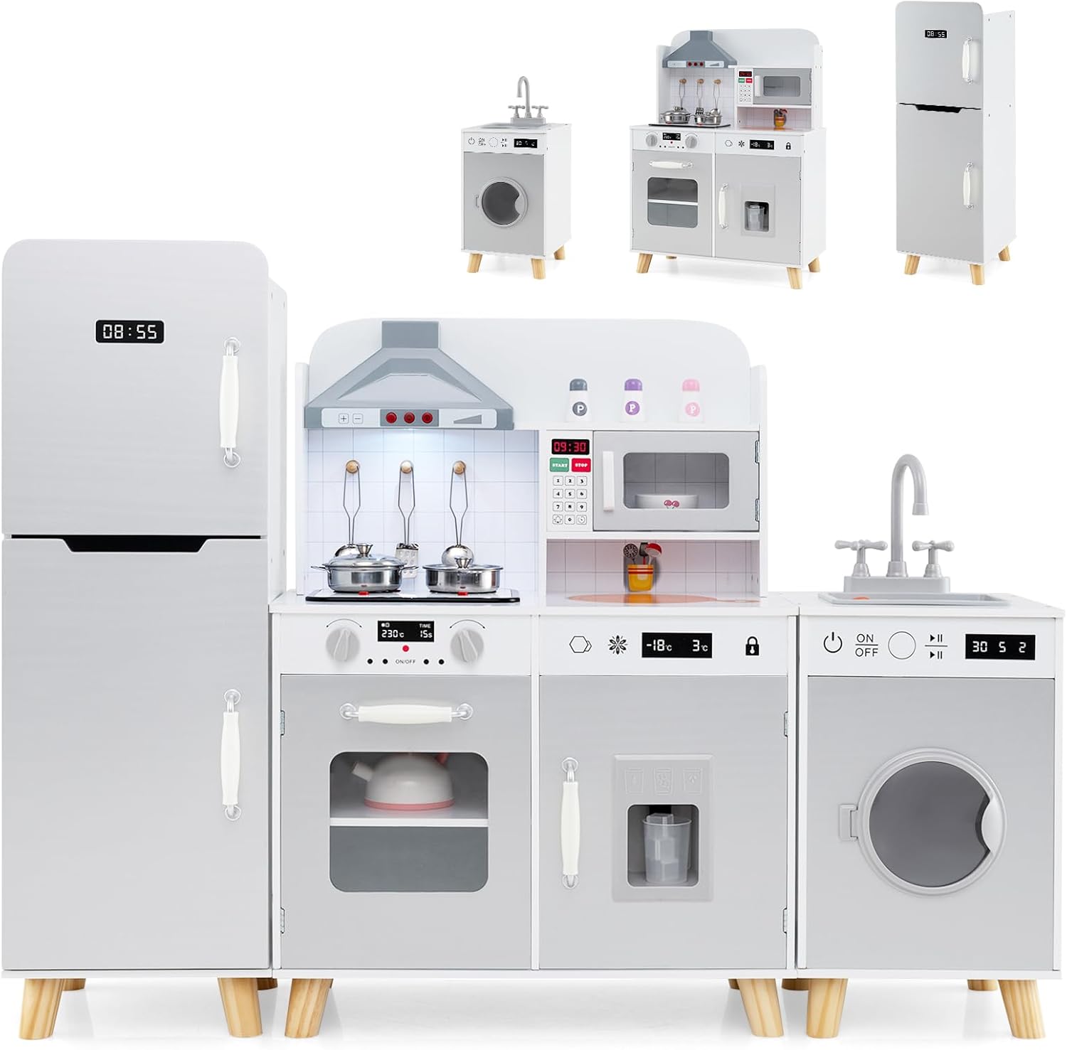 Costzon 3-Piece Play Kitchen for Kids, Wooden Toy Kitchen Set with Refrigerator, Washing Machine, Range Hood, Ice Maker, Kids Kitchen Playset with Sounds & Lights, Gift for Toddlers Ages 3+