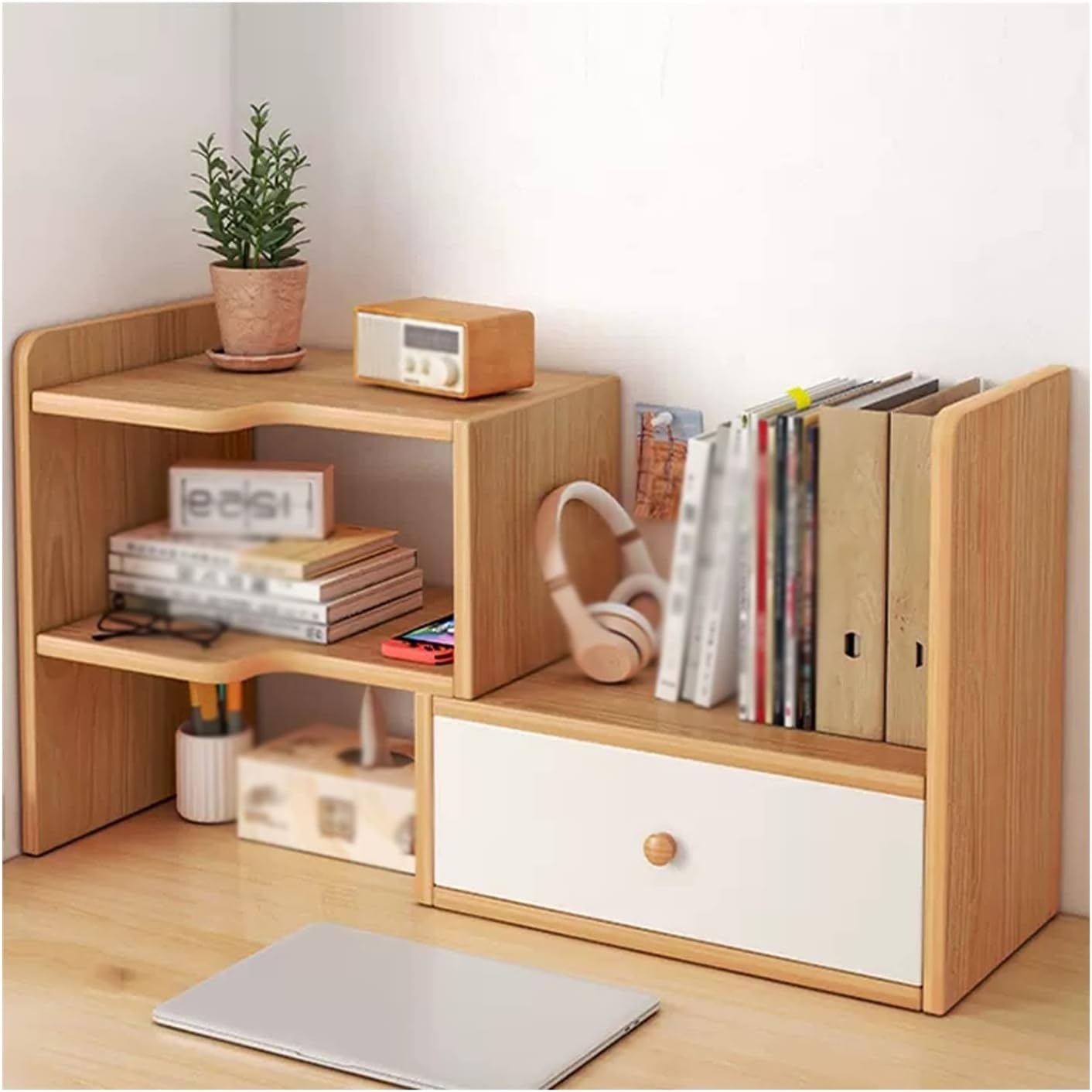 Bookshelf Wooden Bookshelves 2 Layers Corner Wood Desktop Bookshelf Adjustable Desktop Storage Organizer Display Shelf Rack with 1 Drawers Freestanding Small Bookshelf Desk Supplies Organizers（Log Col