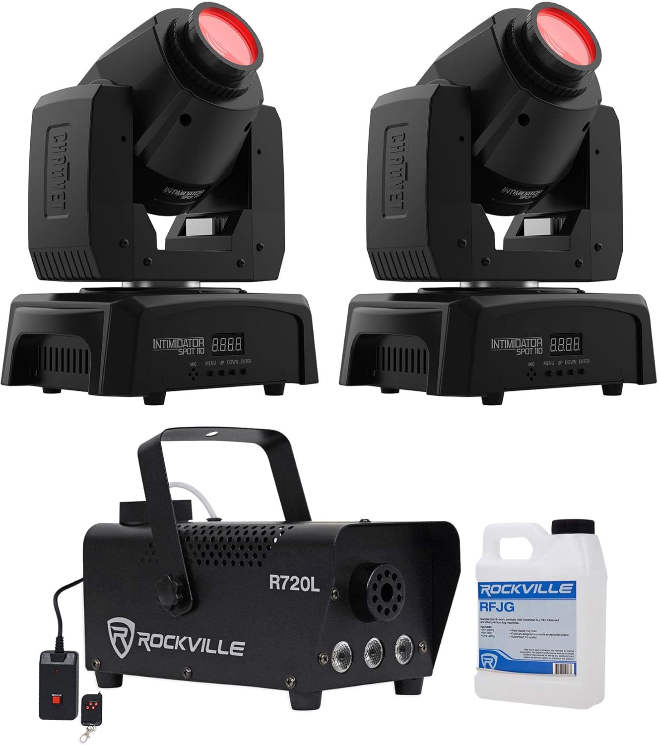 (2) Chauvet Intimidator Spot 110 Compact Moving Head Lights+LED Fog Machine