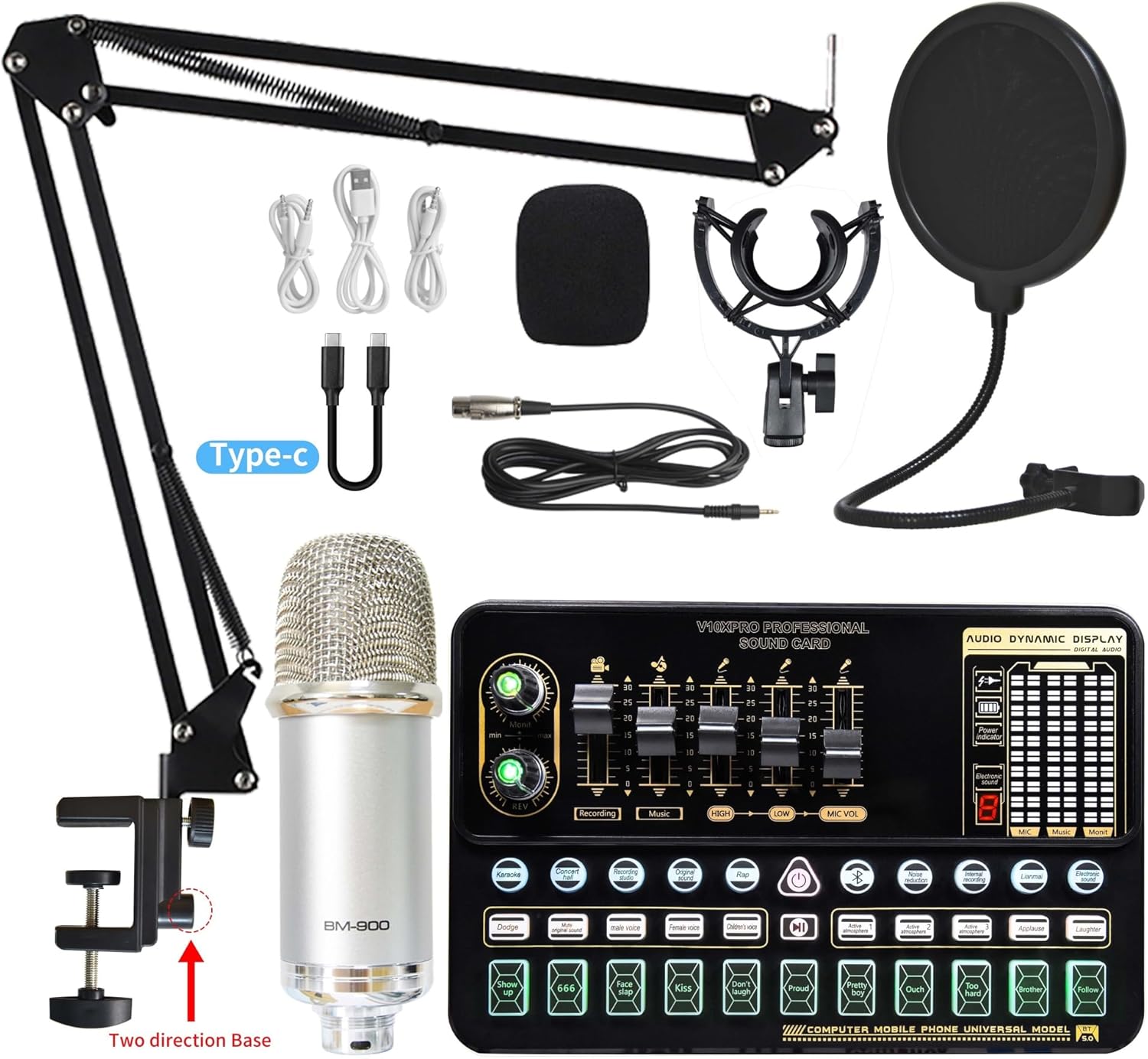 Condenser Microphone Bundle Sound Card Kit with Adjustable Mic Suspension Scissor Arm Professional Studio Wireless Karaoke MIC Studio Setup for Recording Music