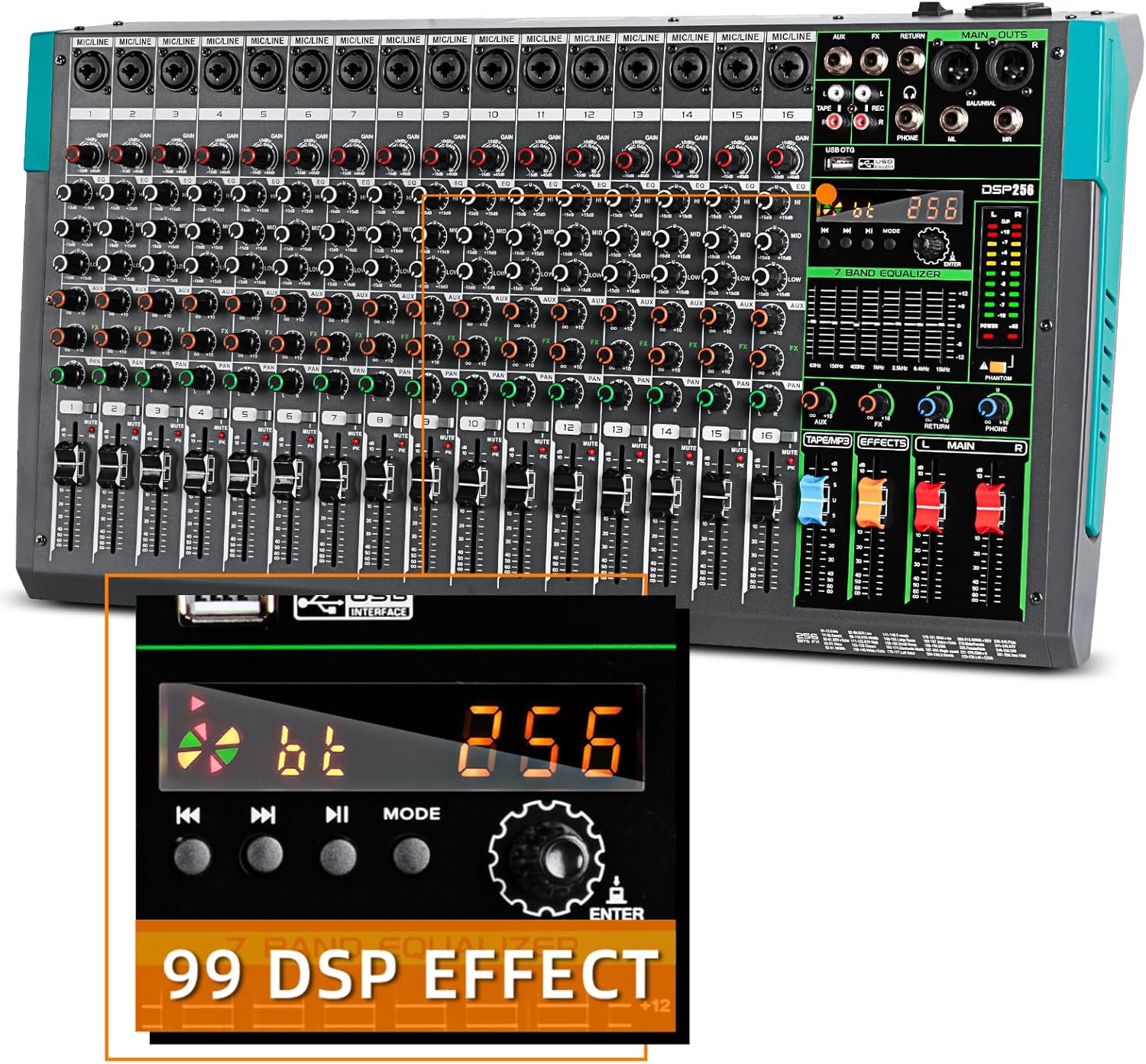 Depusheng PA16 Professional Audio Mixer Sound Board Console Desk System Interface 16 Channel Digital USB Bluetooth MP3 Computer Input 48V Phantom Power Built-in 256 Reverb Effect, Black