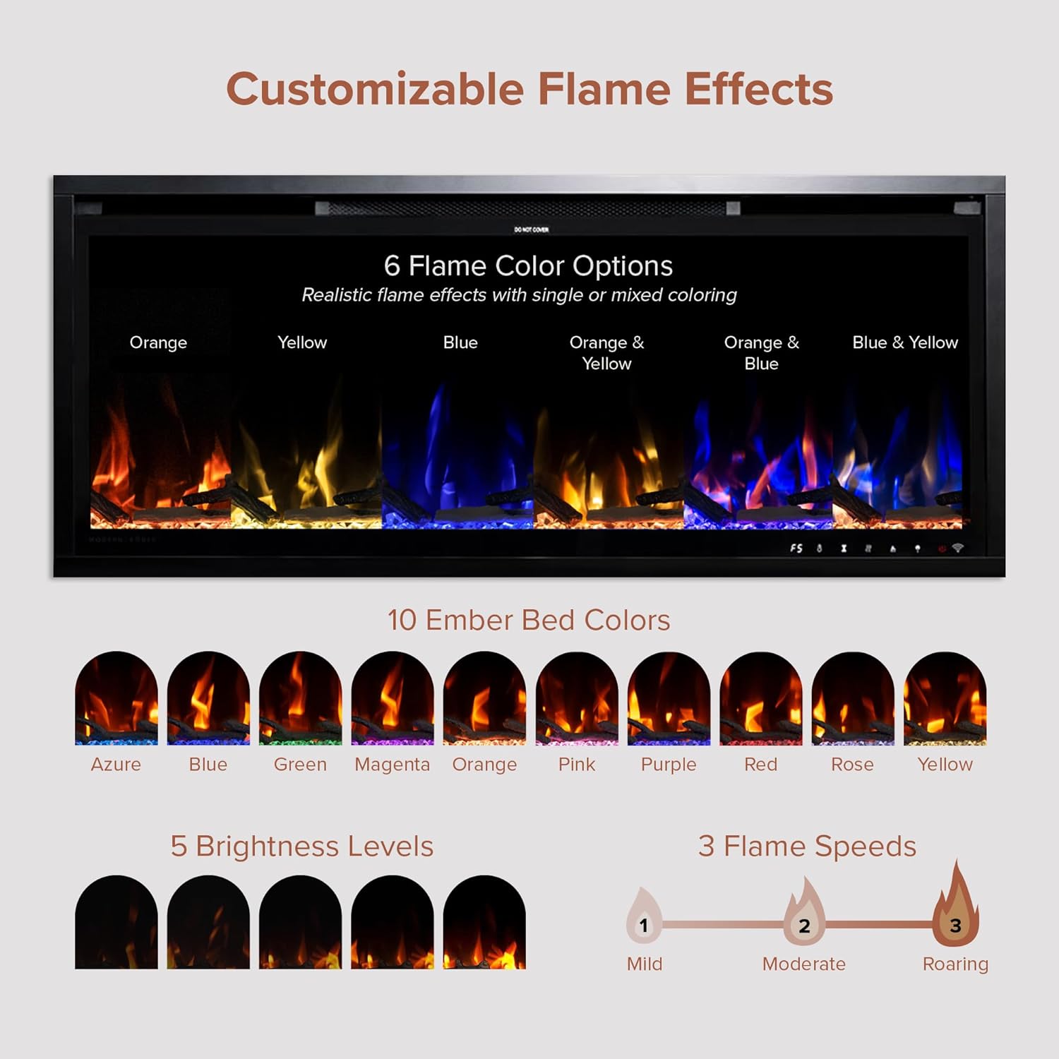 Modern Ember Aerus 42 Inch Smart Linear Electric Fireplace | Recessed in-Wall or Wall-Mount | LED Multiple Flame Colors | Alexa/WiFi Enabled | 5.75” Profile | Remote Included